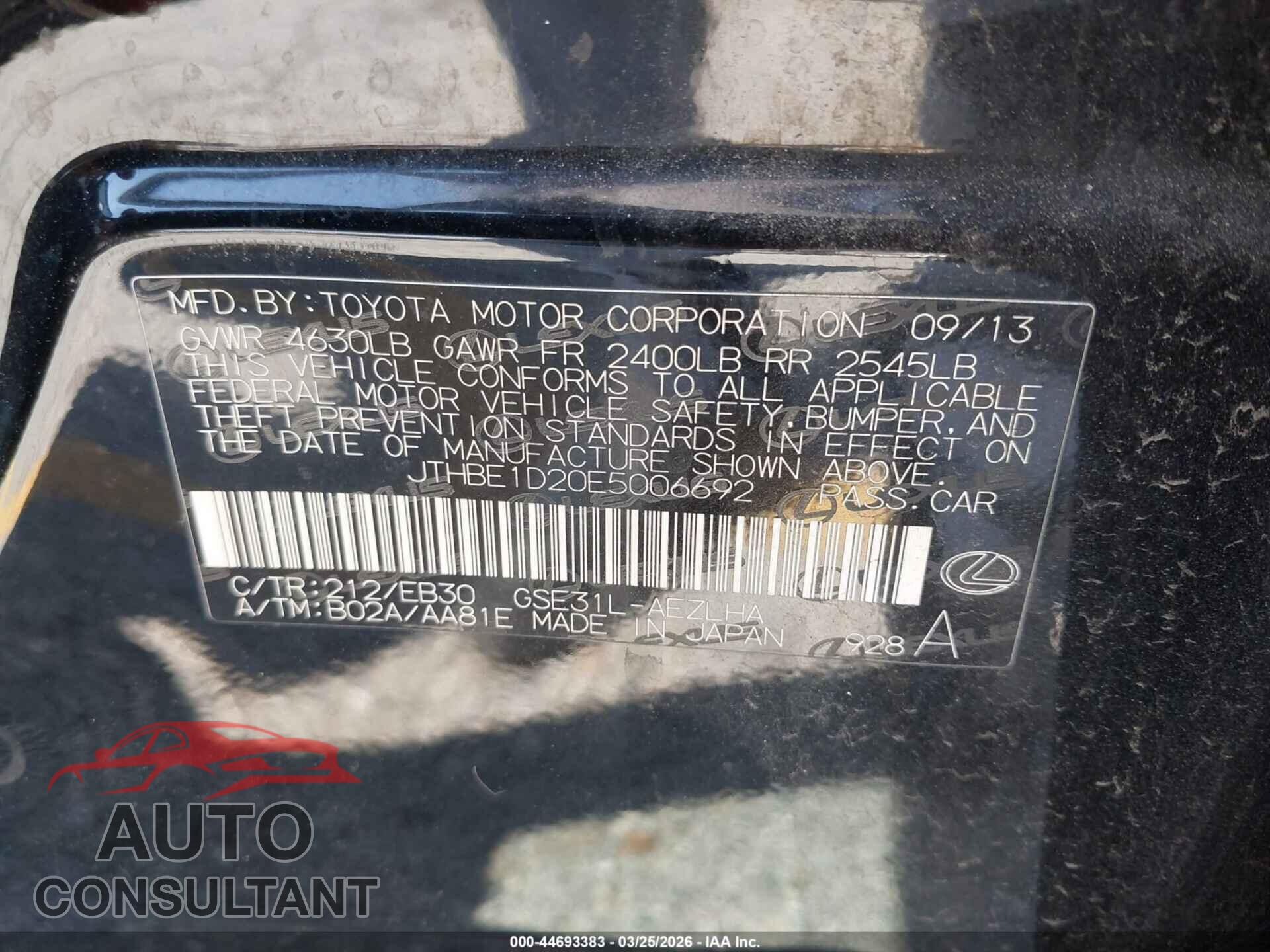 LEXUS IS 350 2014 - JTHBE1D20E5006692