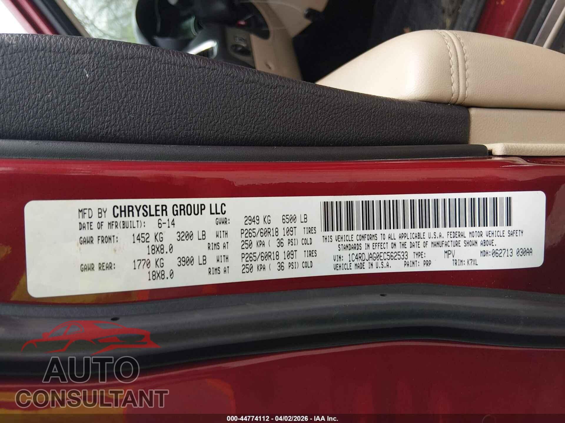DODGE DURANGO 2014 - 1C4RDJAG0EC562533