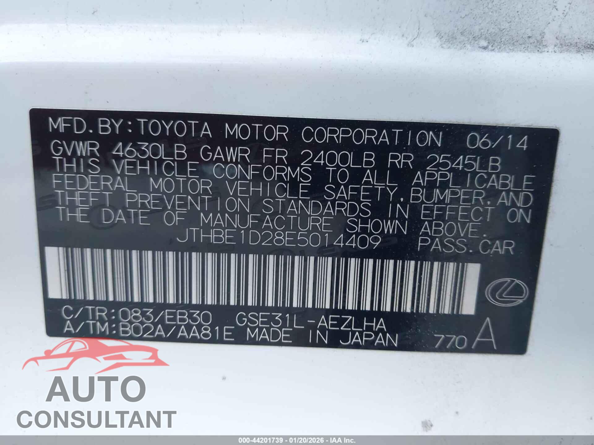 LEXUS IS 350 2014 - JTHBE1D28E5014409