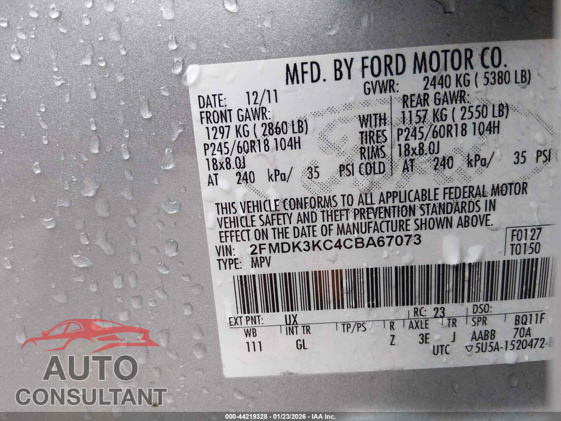 FORD EDGE 2012 - 2FMDK3KC4CBA67073