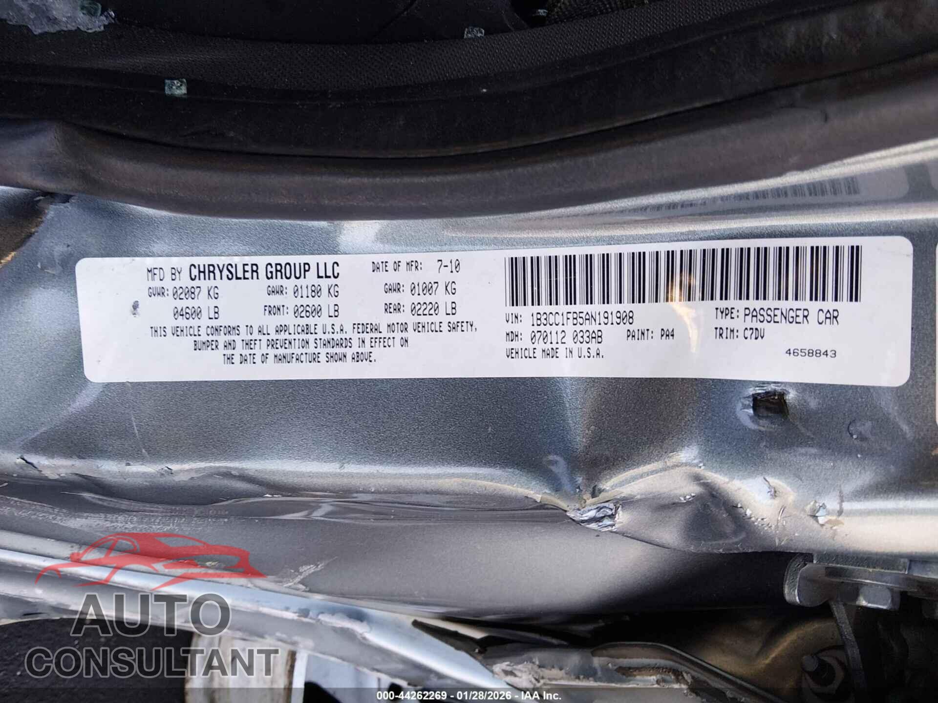 DODGE AVENGER 2010 - 1B3CC1FB5AN191908