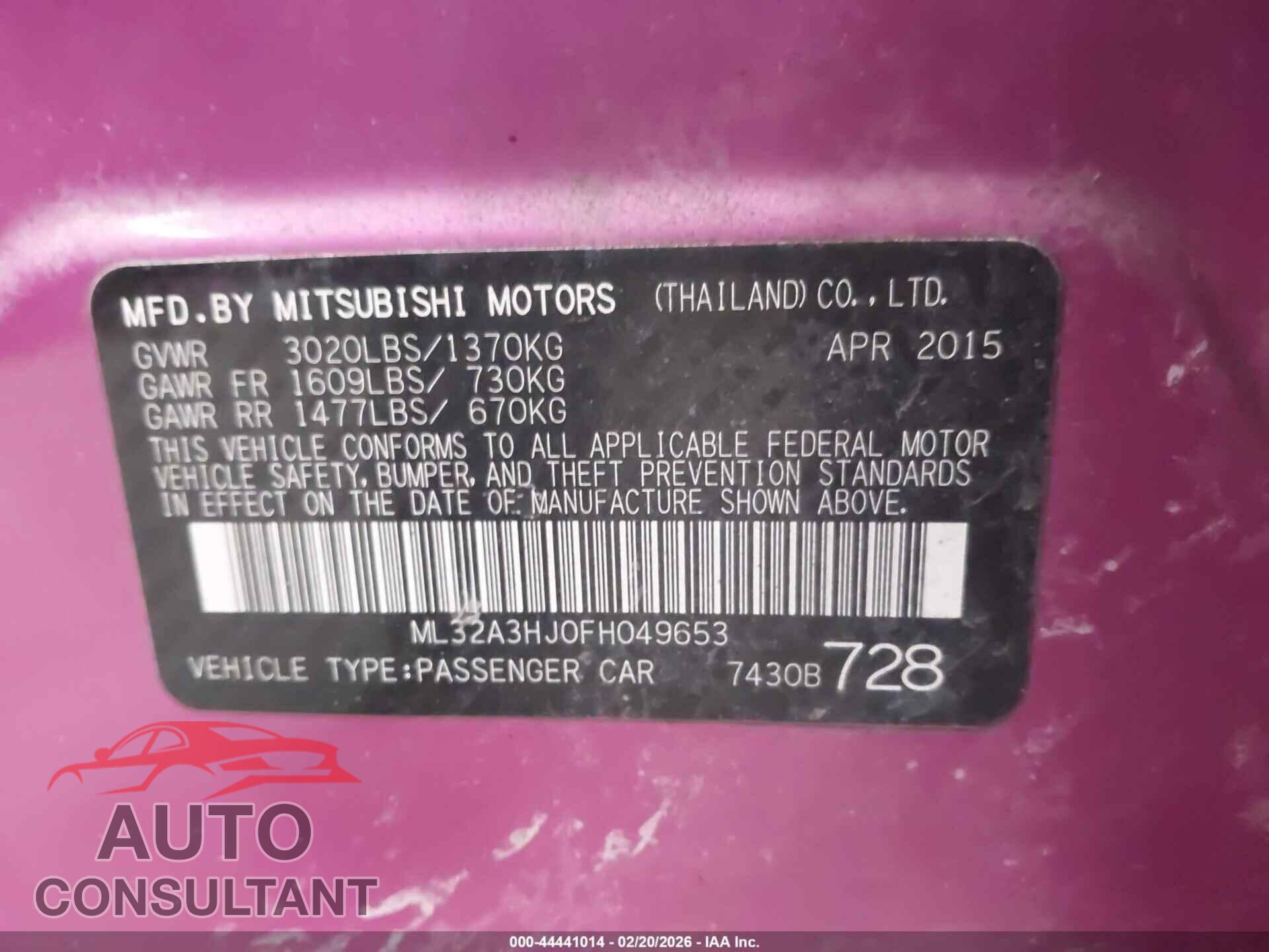 MITSUBISHI MIRAGE 2015 - ML32A3HJ0FH049653