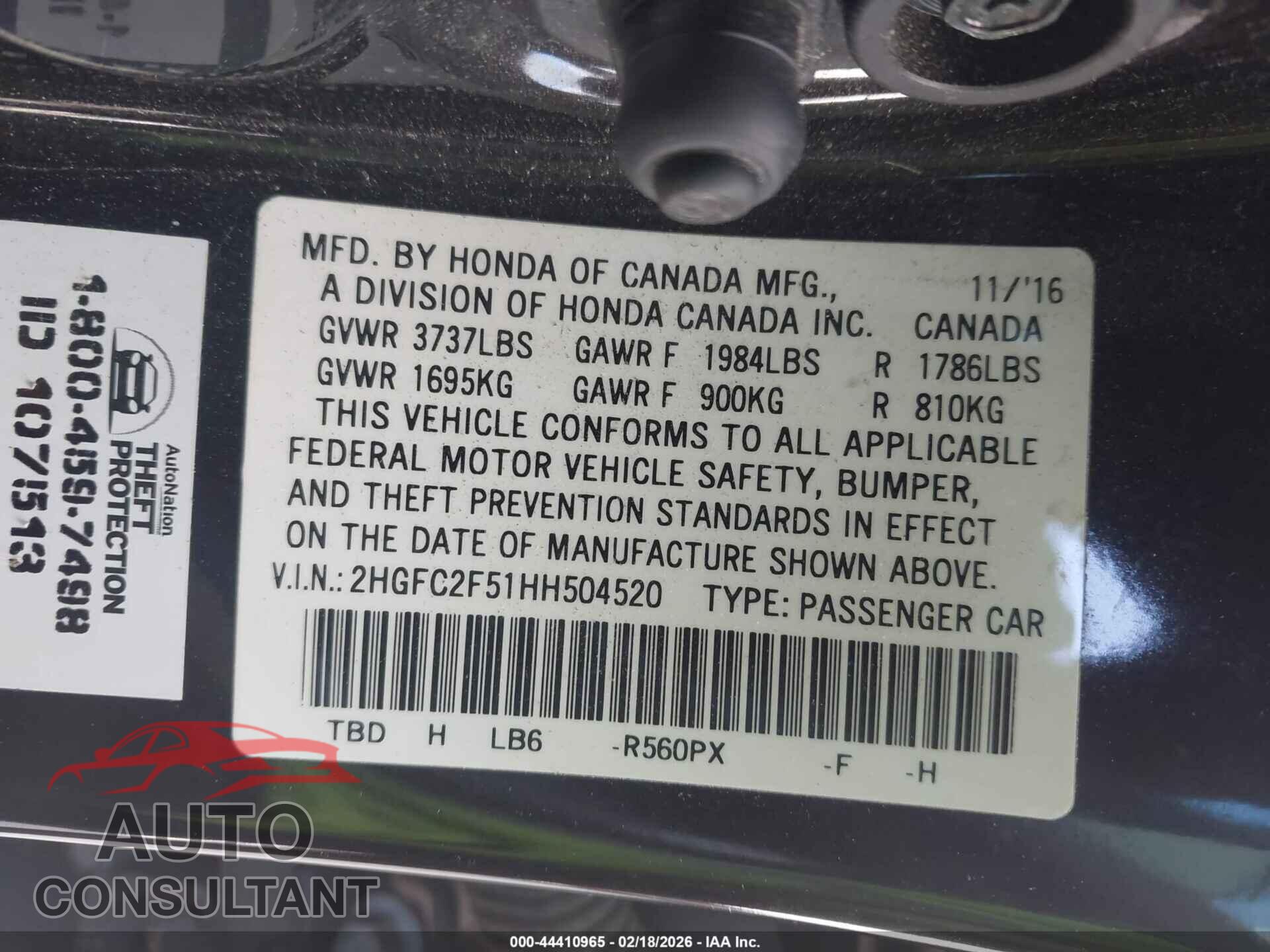 HONDA CIVIC 2017 - 2HGFC2F51HH504520
