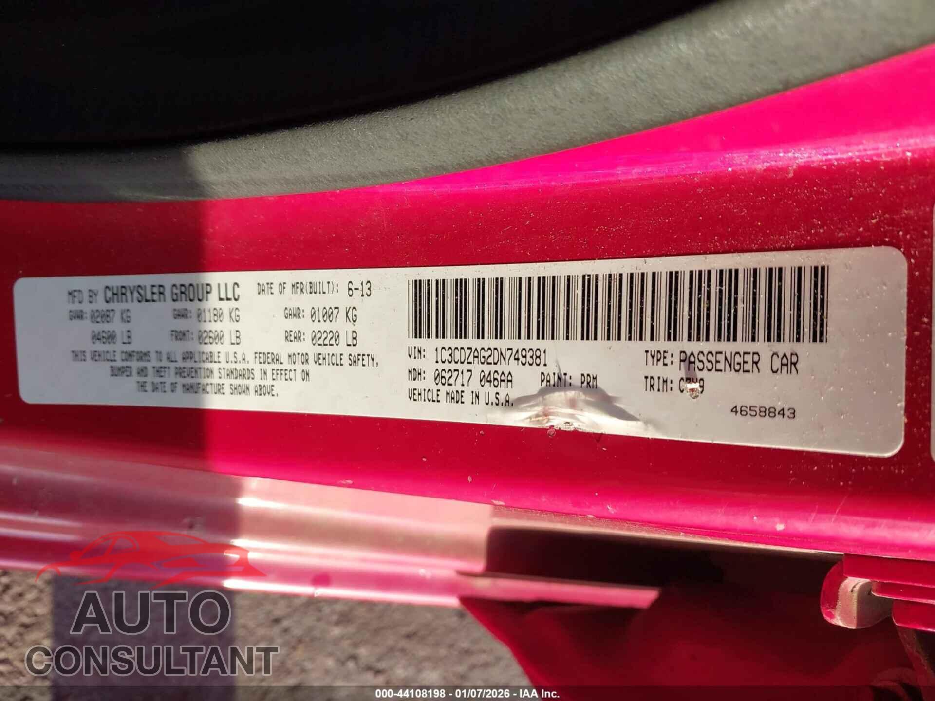 DODGE AVENGER 2013 - 1C3CDZAG2DN749381