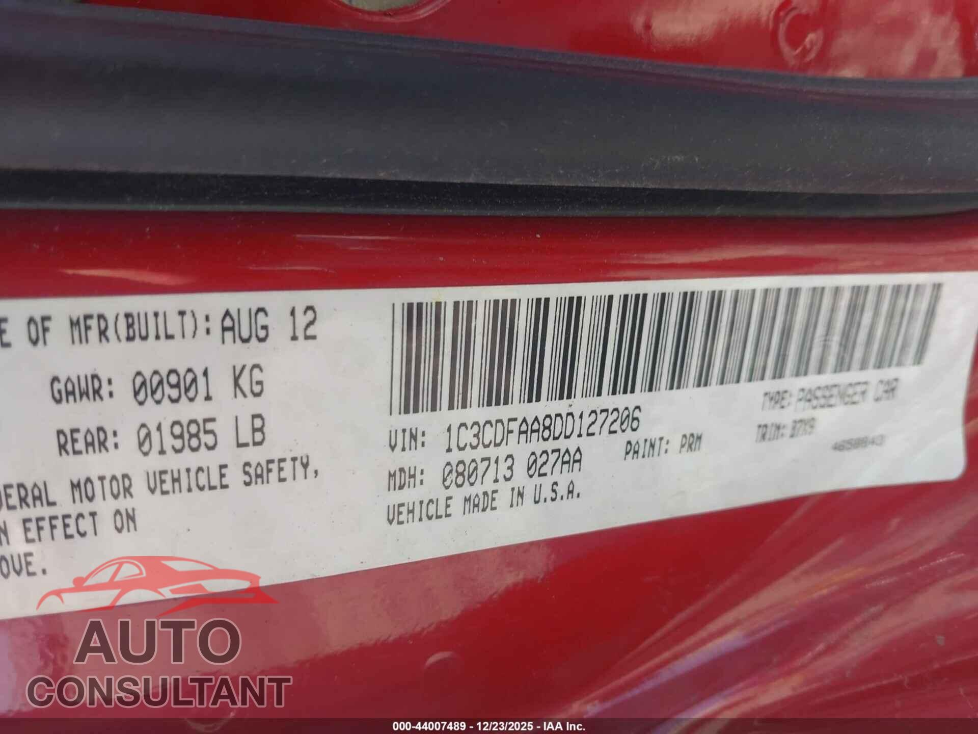 DODGE DART 2013 - 1C3CDFAA8DD127206