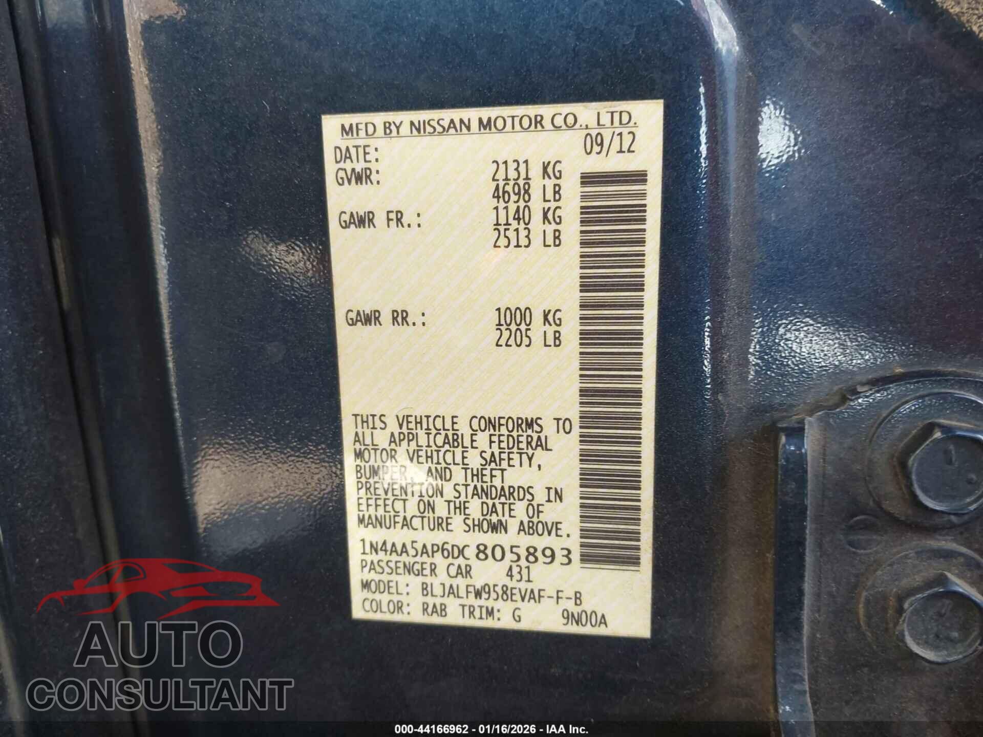 NISSAN MAXIMA 2013 - 1N4AA5AP6DC805893