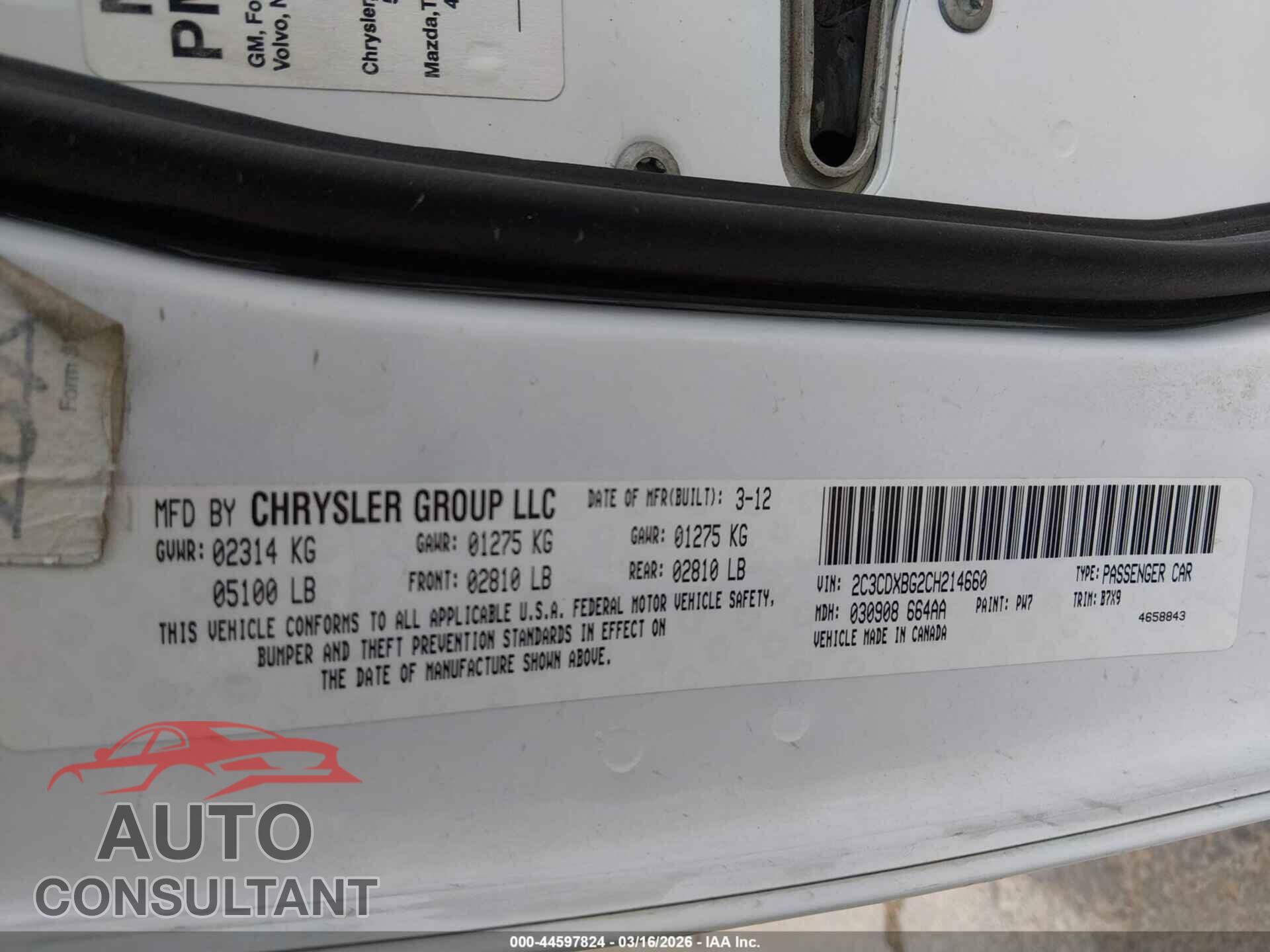 DODGE CHARGER 2012 - 2C3CDXBG2CH214660