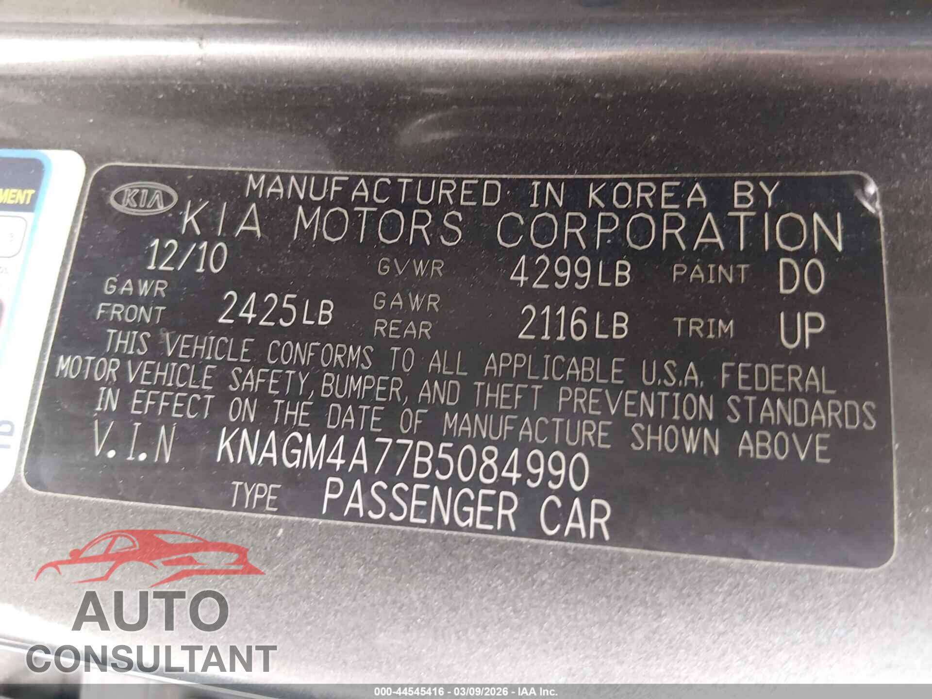 KIA OPTIMA 2011 - KNAGM4A77B5084990