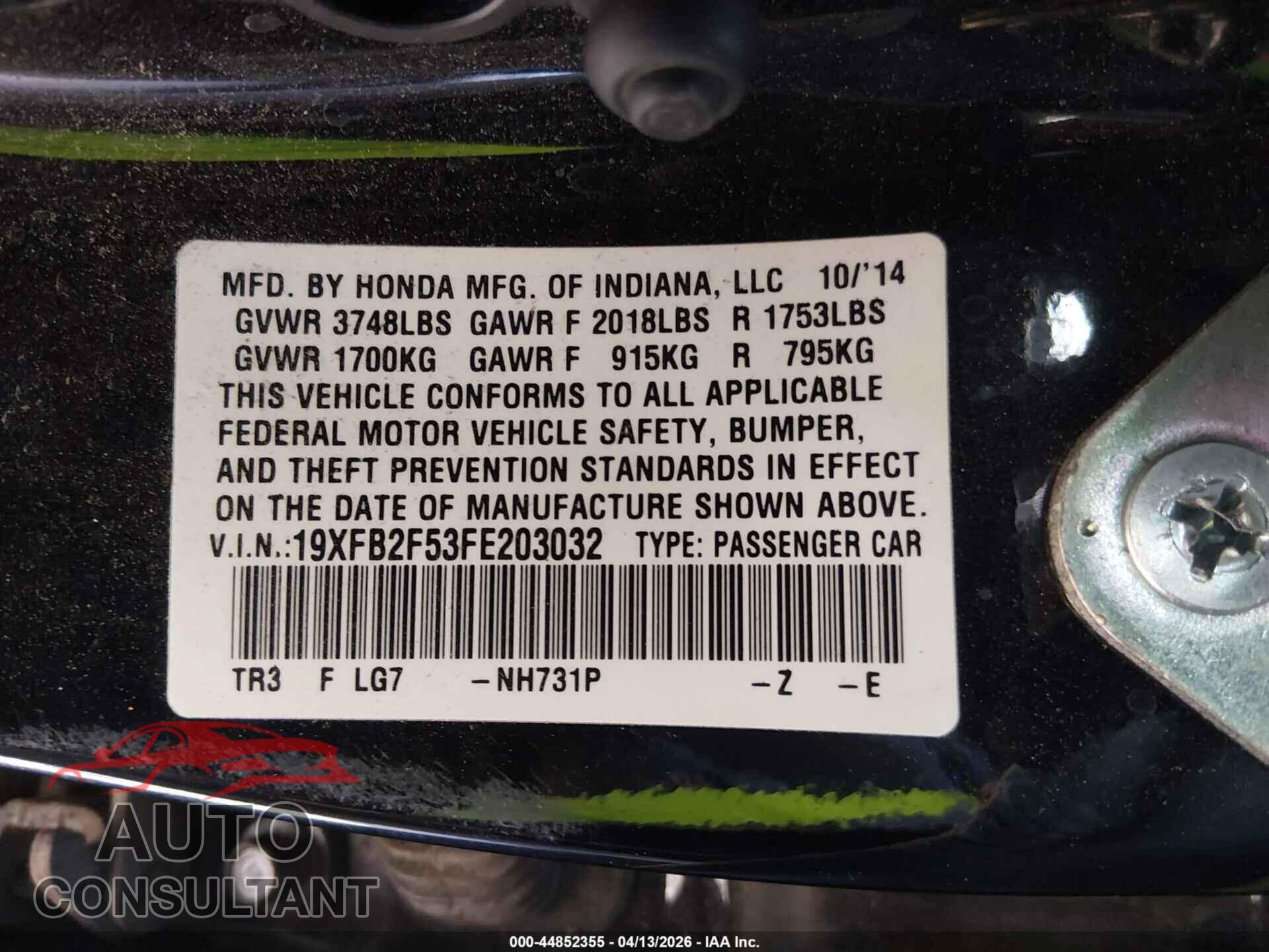 HONDA CIVIC 2015 - 19XFB2F53FE203032