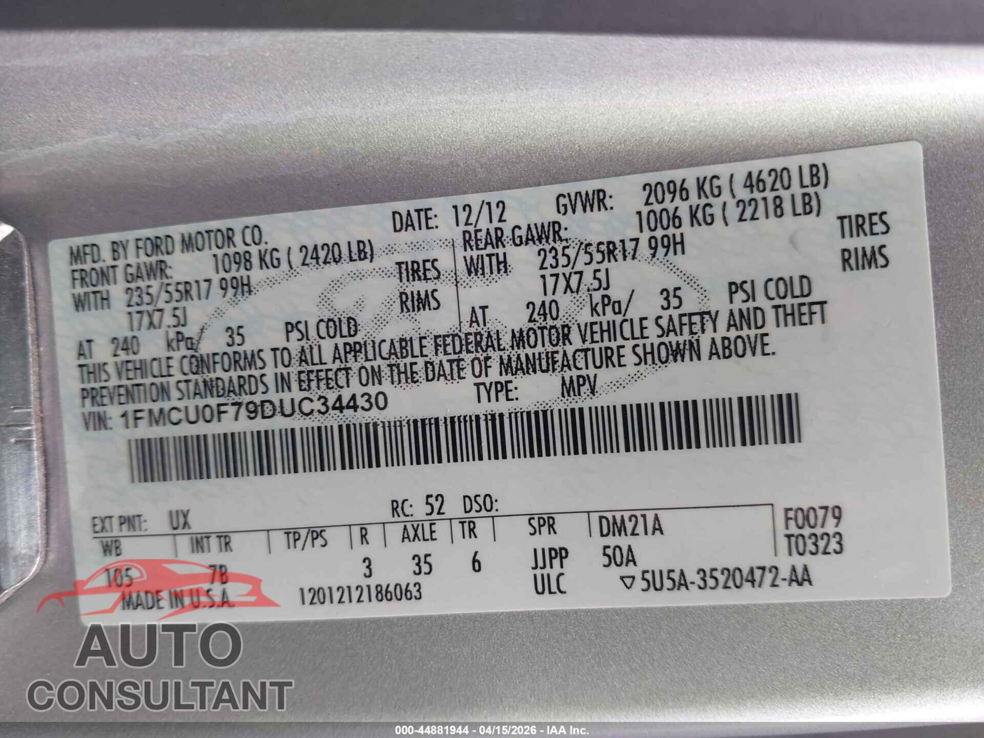 FORD ESCAPE 2013 - 1FMCU0F79DUC34430
