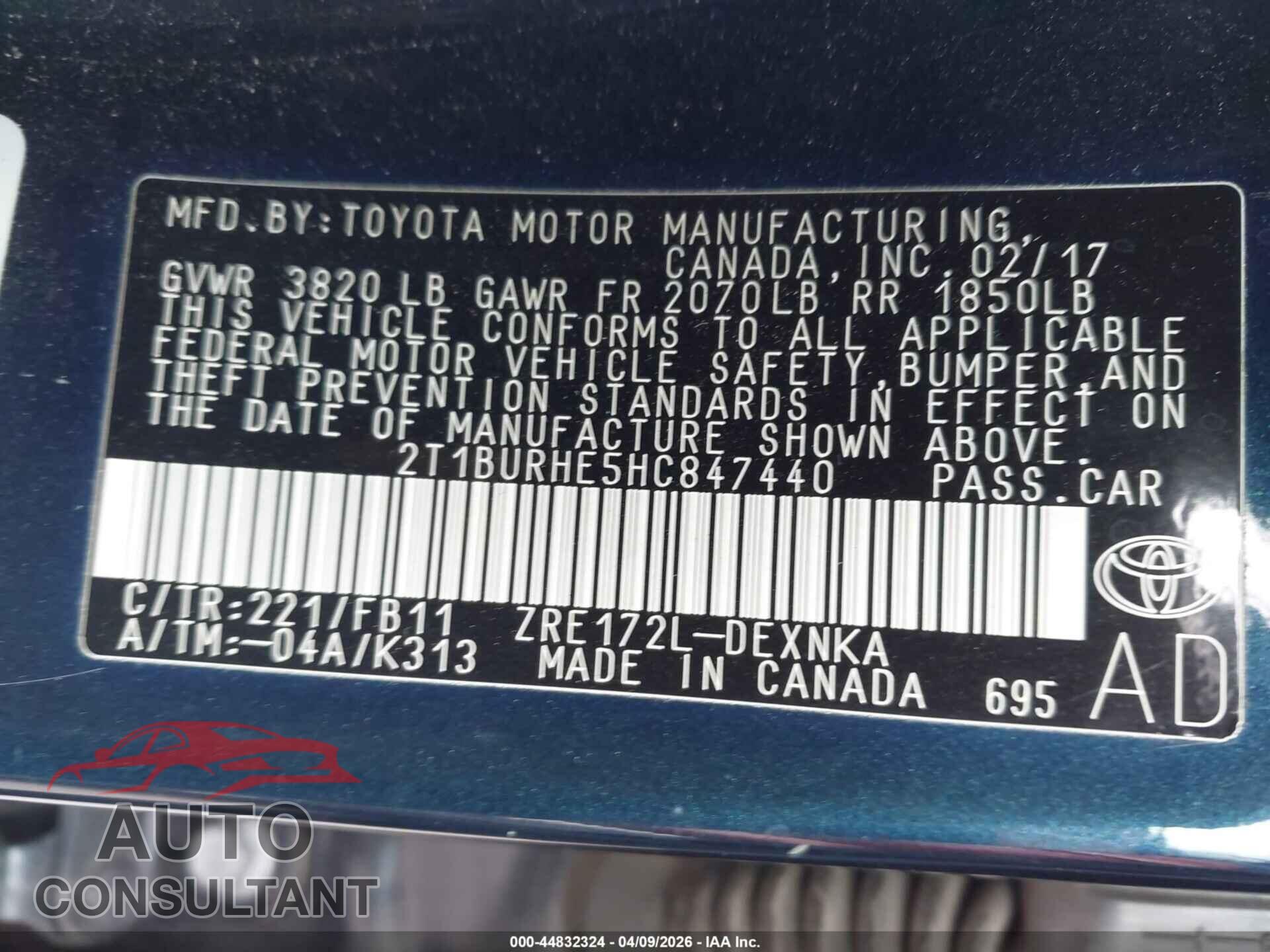 TOYOTA COROLLA 2017 - 2T1BURHE5HC847440