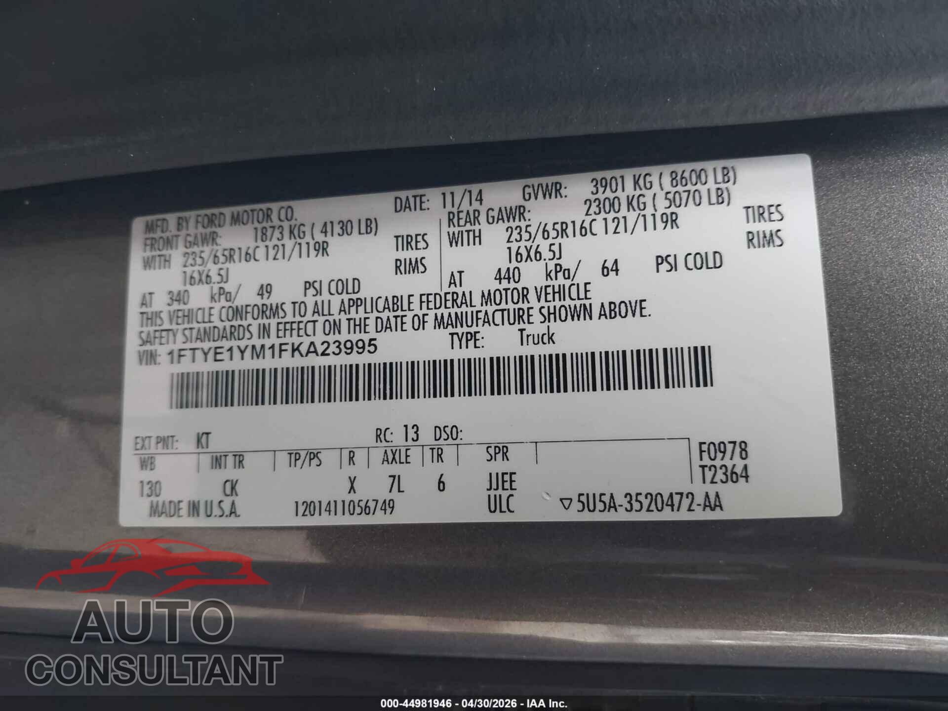 FORD TRANSIT-150 2015 - 1FTYE1YM1FKA23995