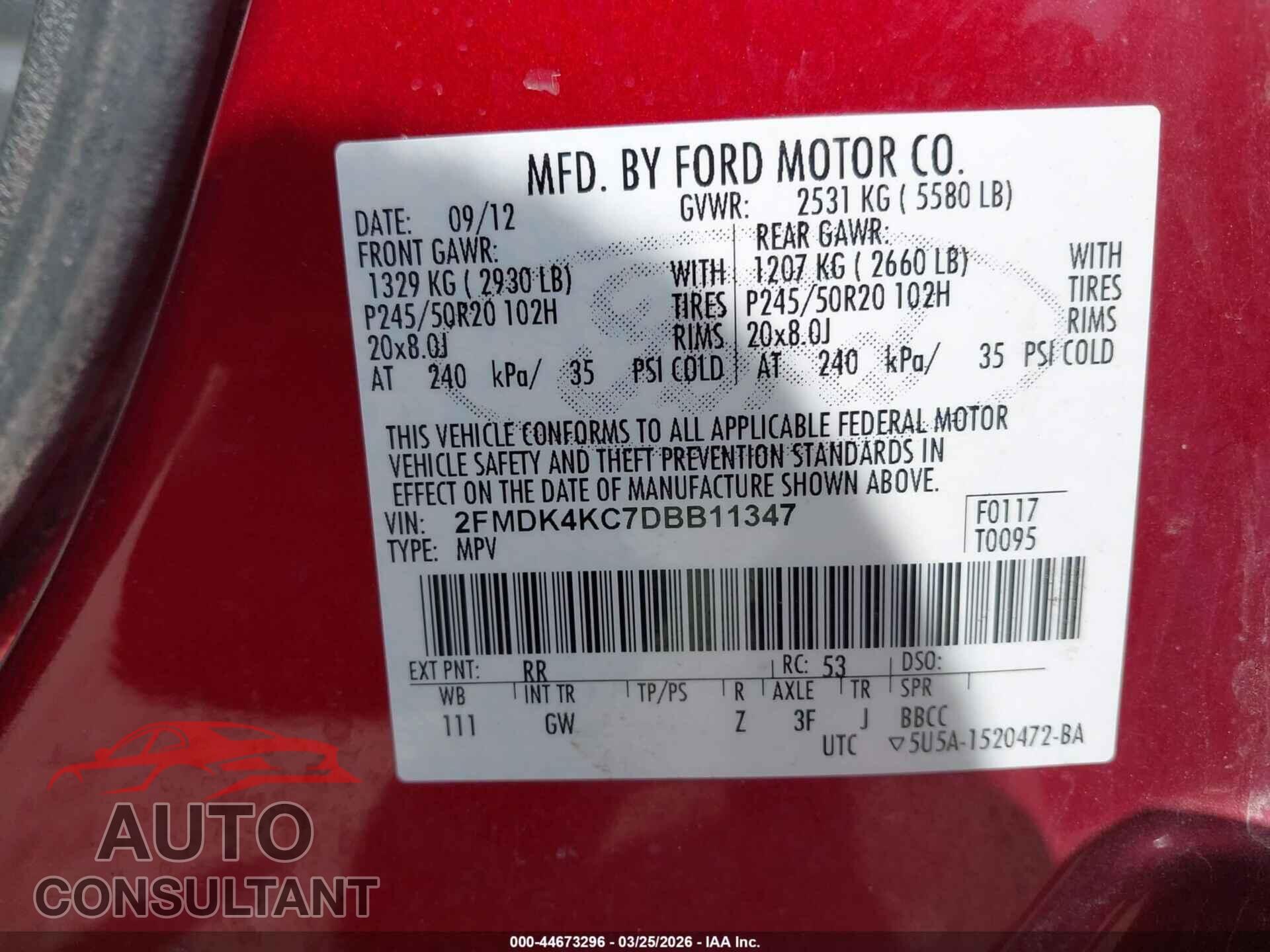 FORD EDGE 2013 - 2FMDK4KC7DBB11347