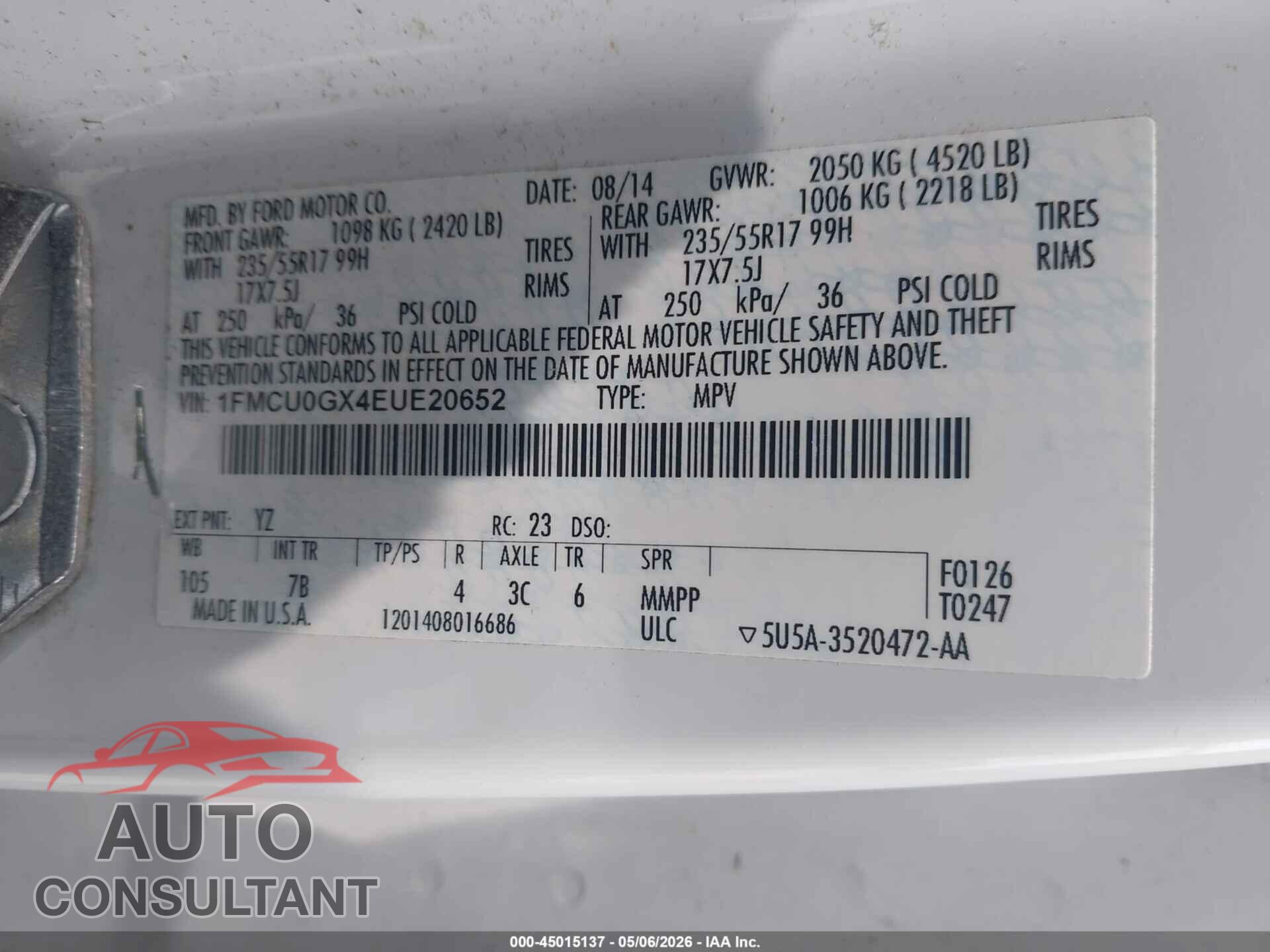 FORD ESCAPE 2014 - 1FMCU0GX4EUE20652