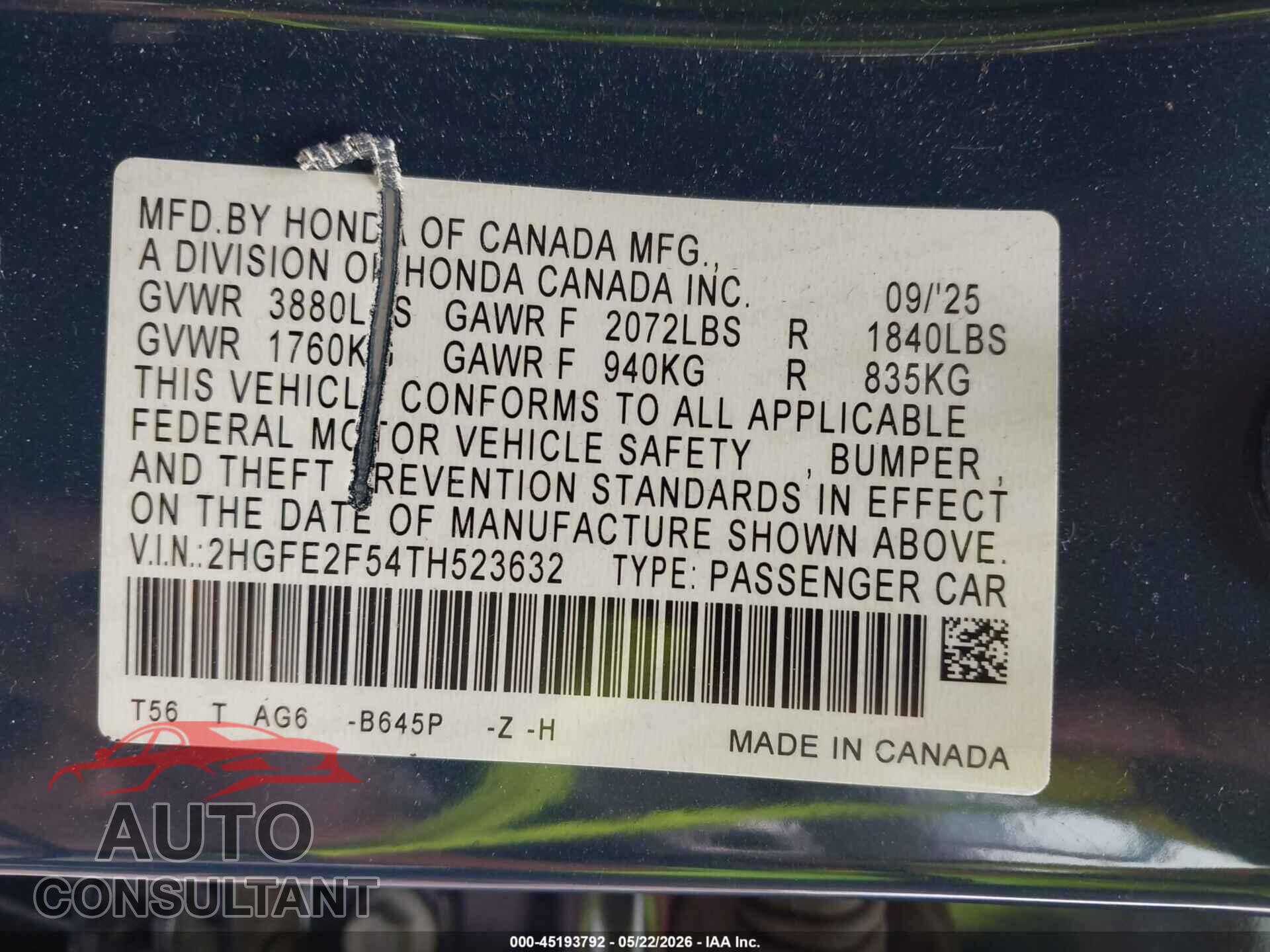 HONDA CIVIC 2026 - 2HGFE2F54TH523632