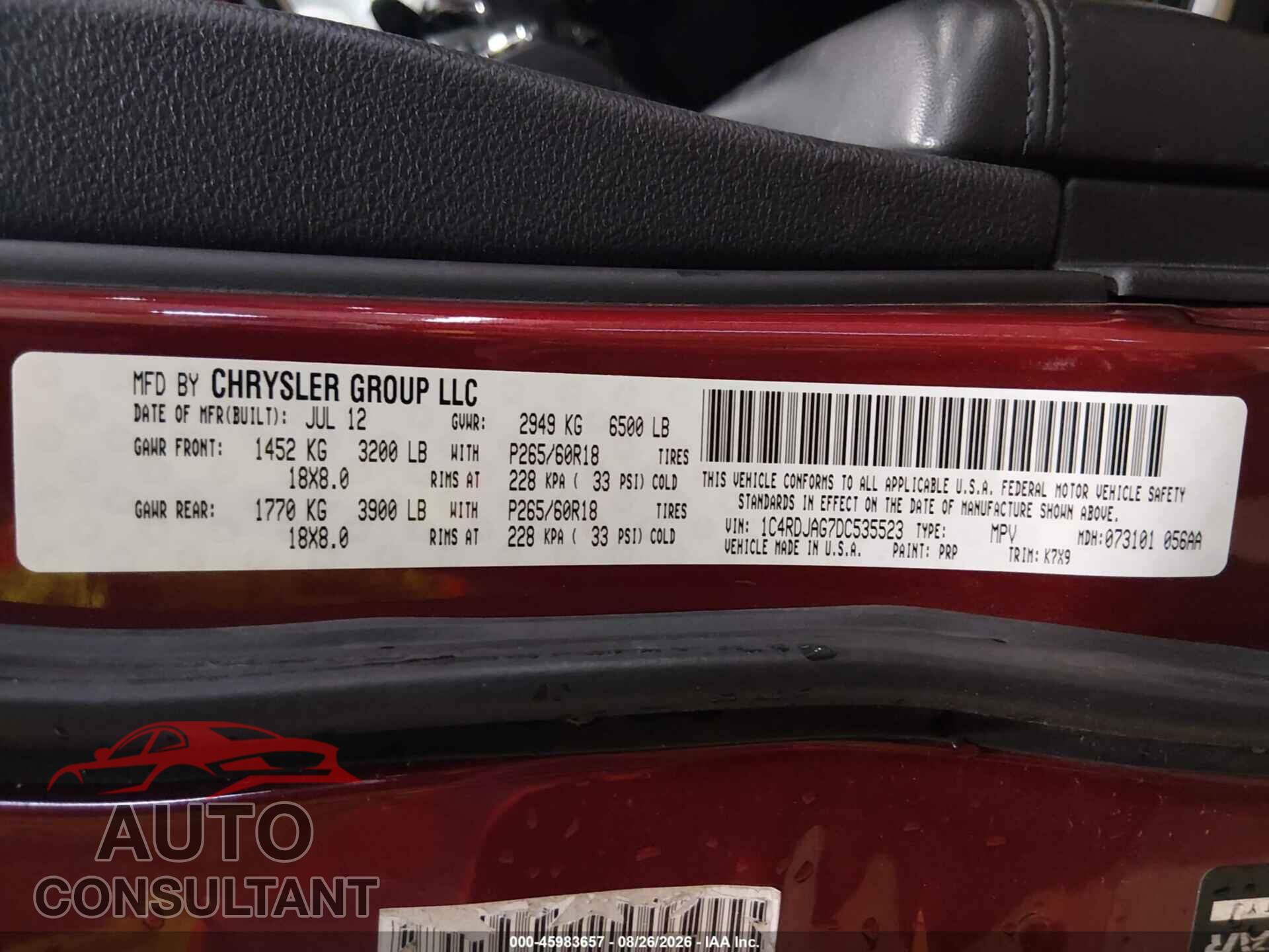 DODGE DURANGO 2013 - 1C4RDJAG7DC535523