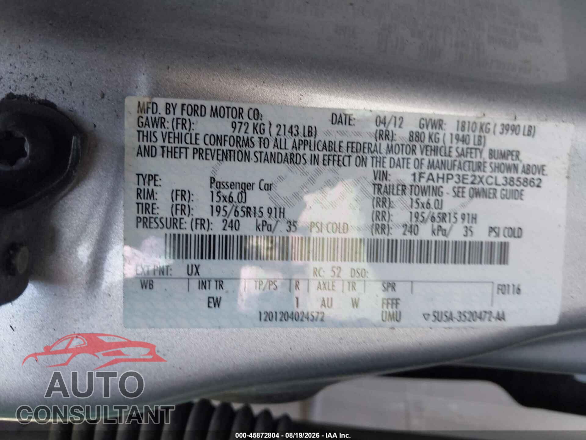 FORD FOCUS 2012 - 1FAHP3E2XCL385862