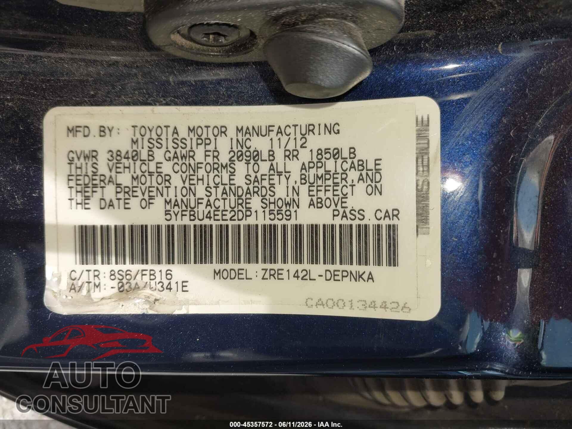 TOYOTA COROLLA 2013 - 5YFBU4EE2DP115591