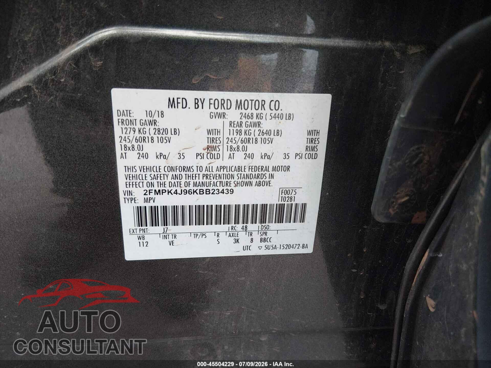 FORD EDGE 2019 - 2FMPK4J96KBB23439
