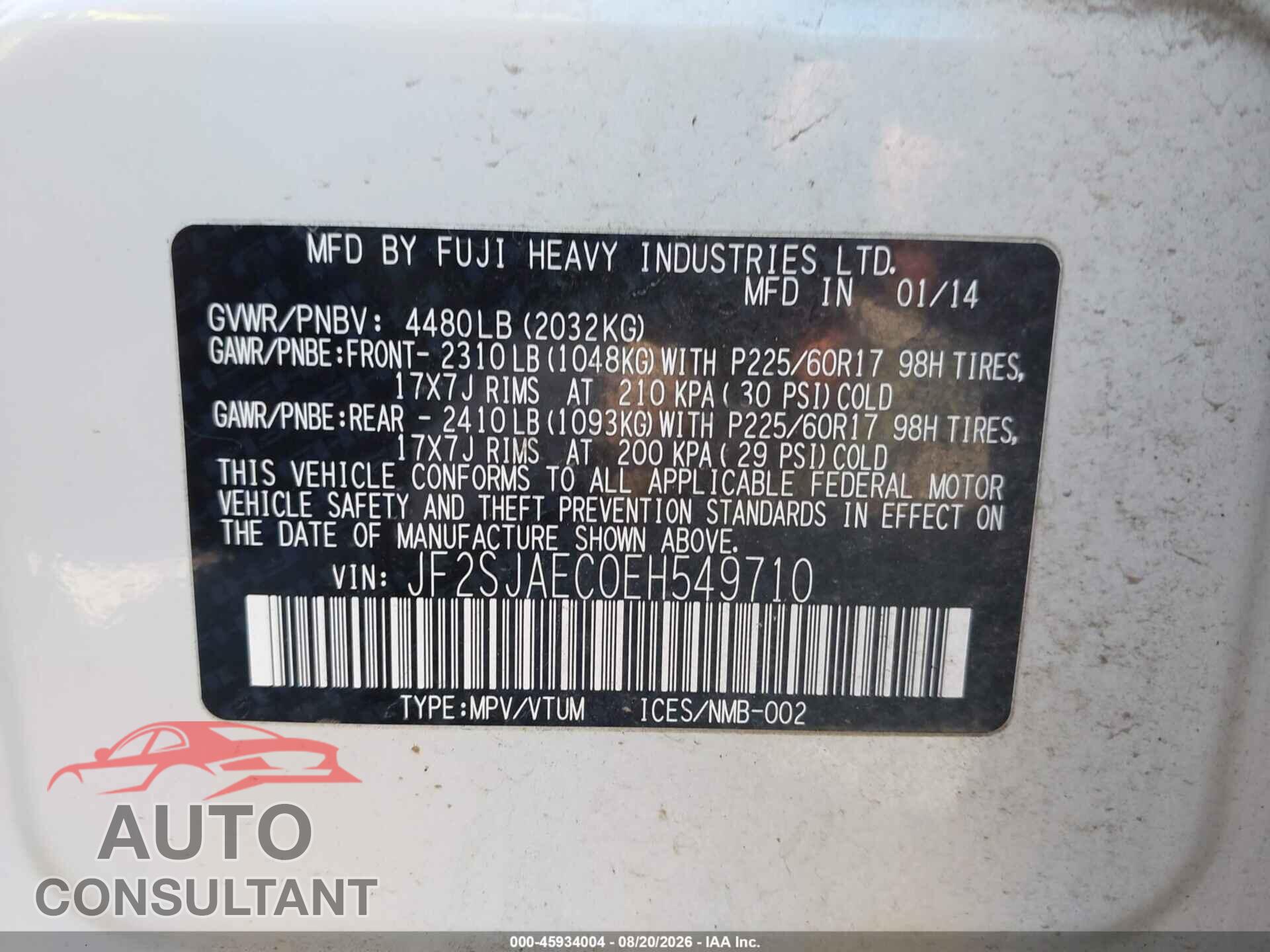 SUBARU FORESTER 2014 - JF2SJAEC0EH549710