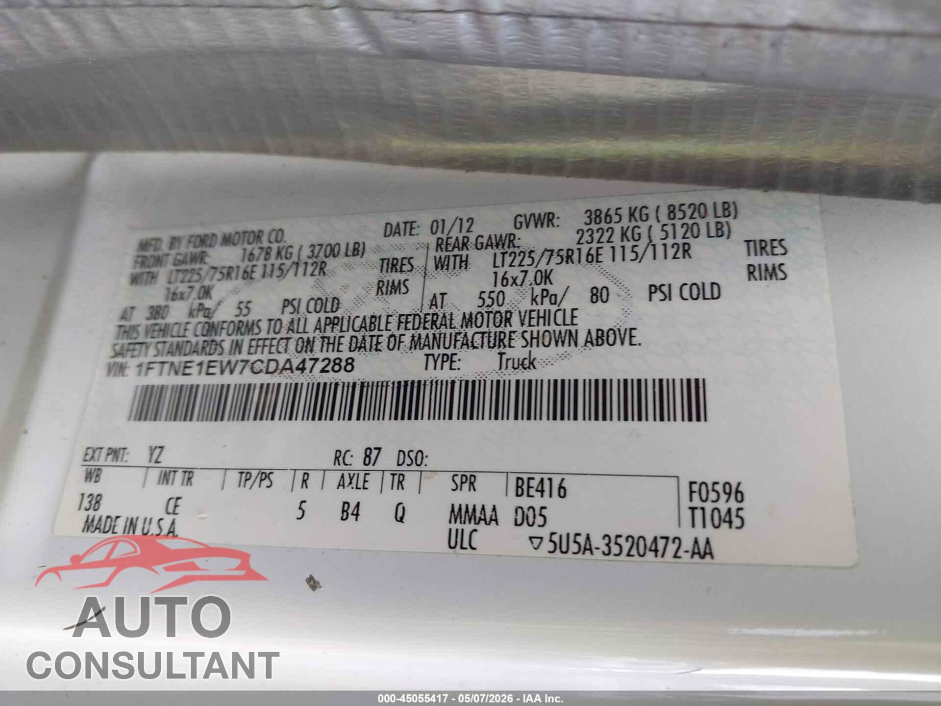 FORD E-150 2012 - 1FTNE1EW7CDA47288