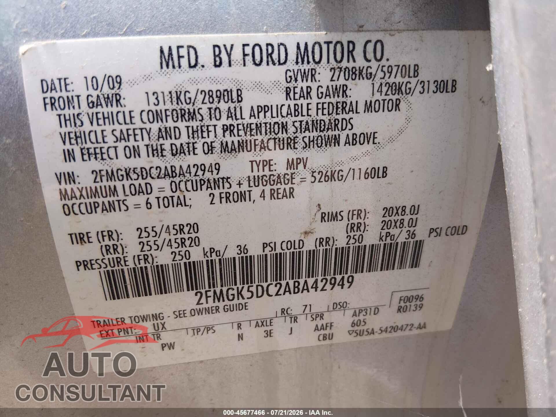 FORD FLEX 2010 - 2FMGK5DC2ABA42949