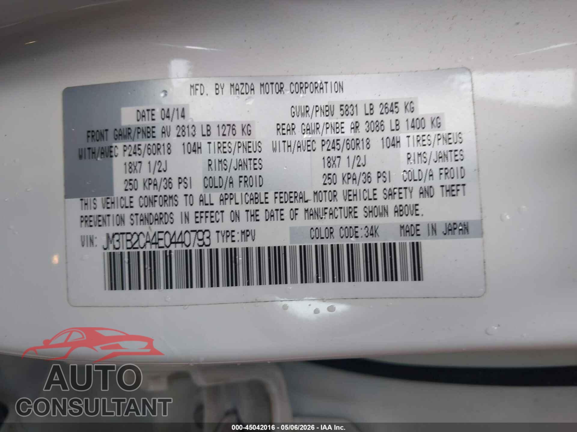 MAZDA CX-9 2014 - JM3TB2CA4E0440793