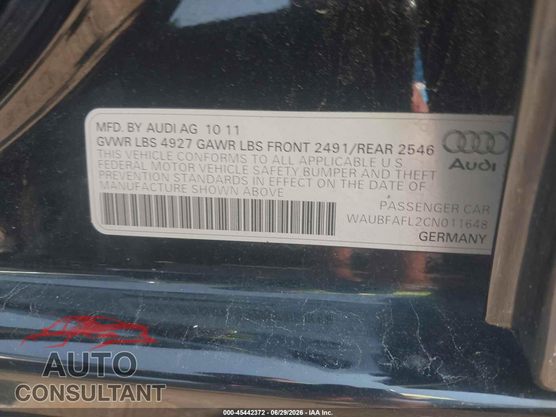 AUDI A4 2012 - WAUBFAFL2CN011648