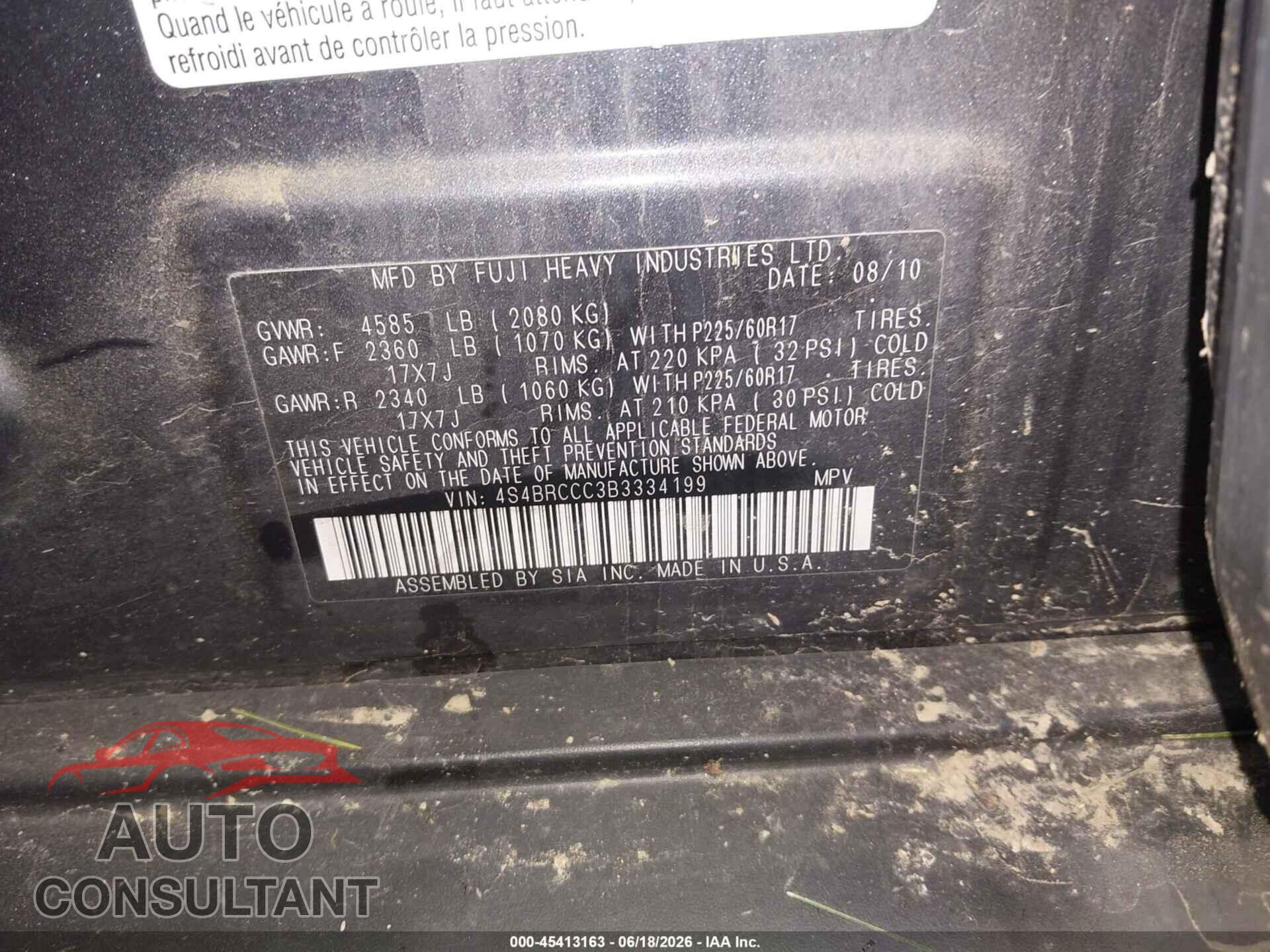 SUBARU OUTBACK 2011 - 4S4BRCCC3B3334199
