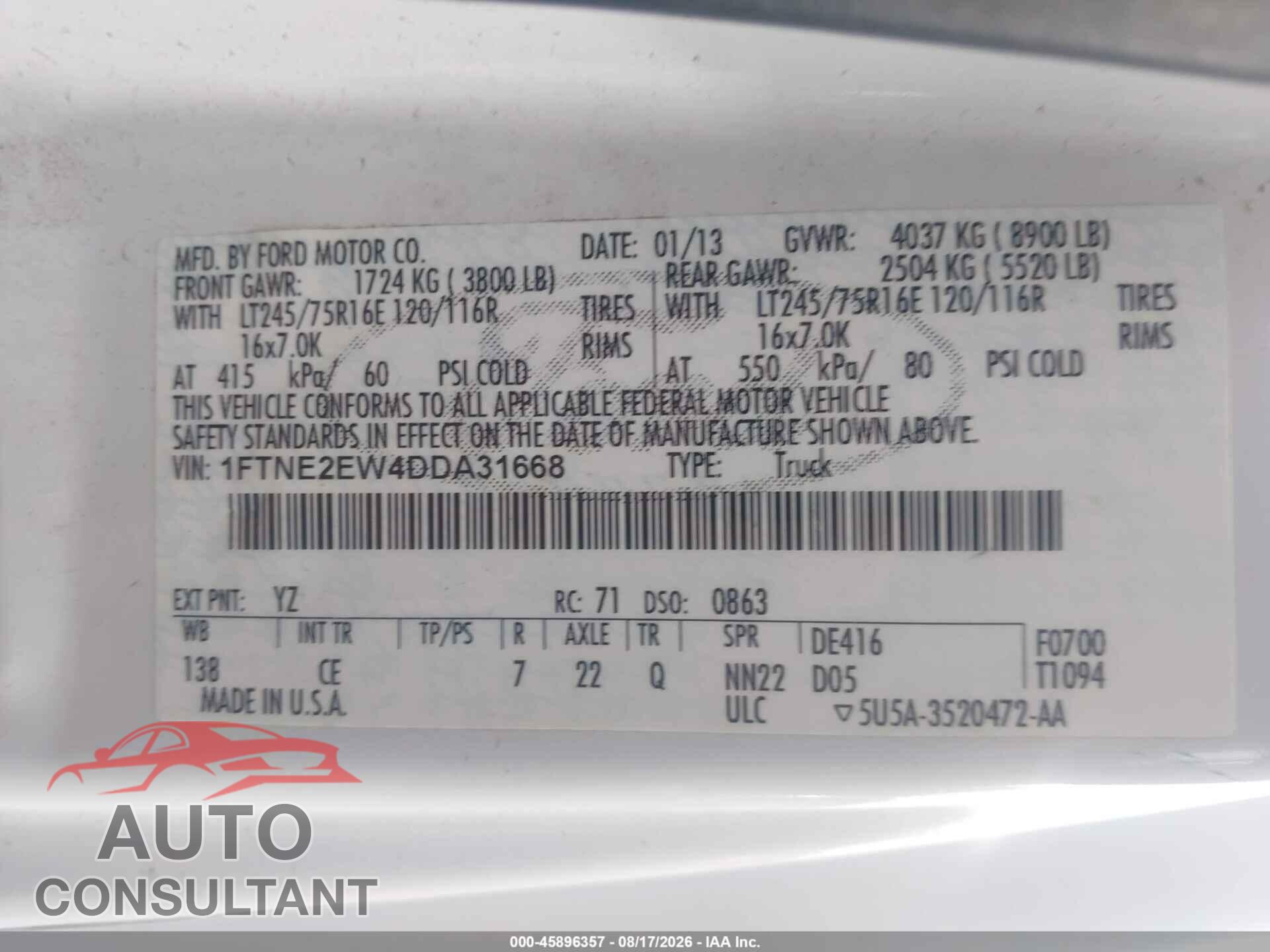 FORD E-250 2013 - 1FTNE2EW4DDA31668