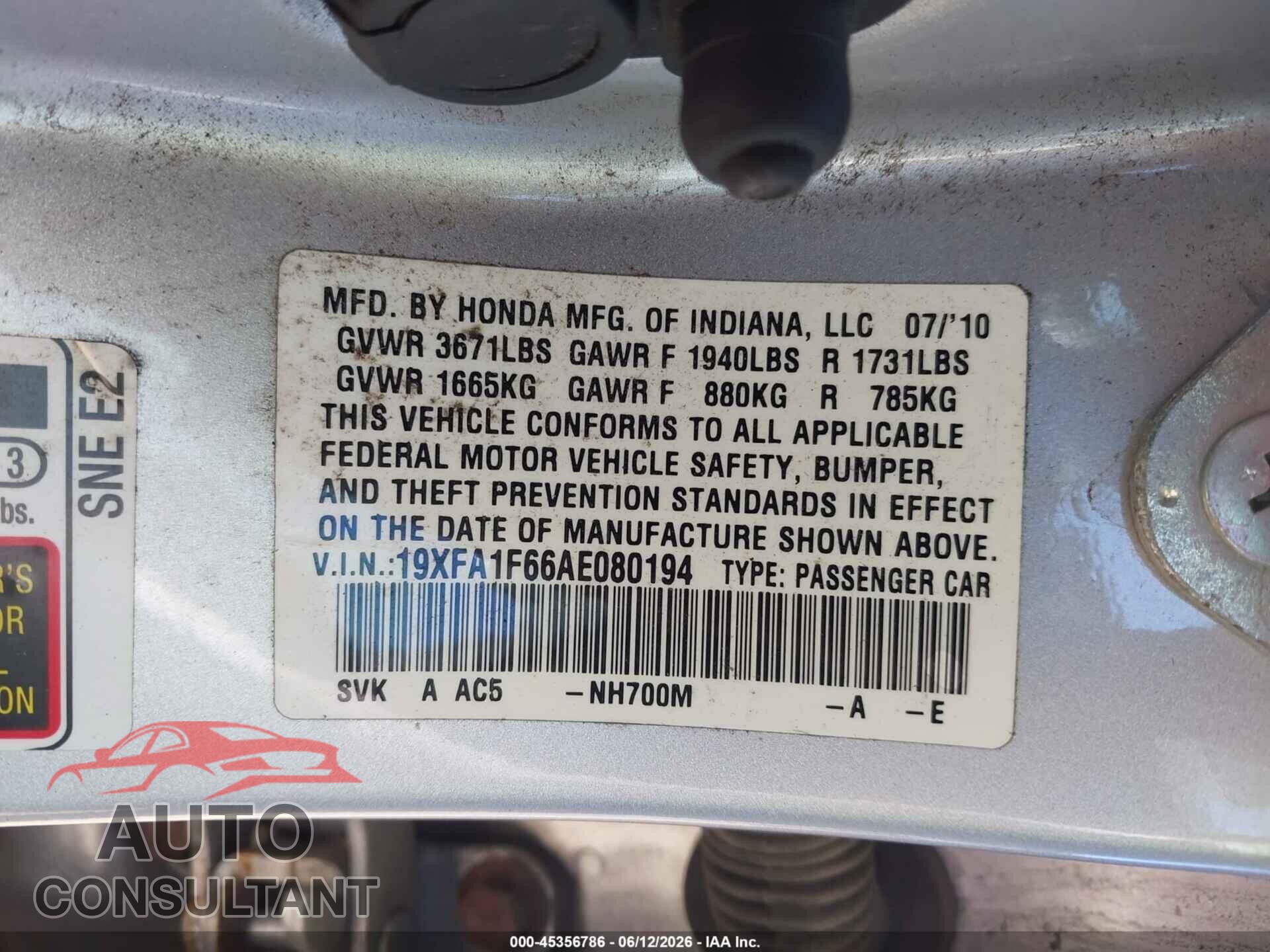 HONDA CIVIC 2010 - 19XFA1F66AE080194