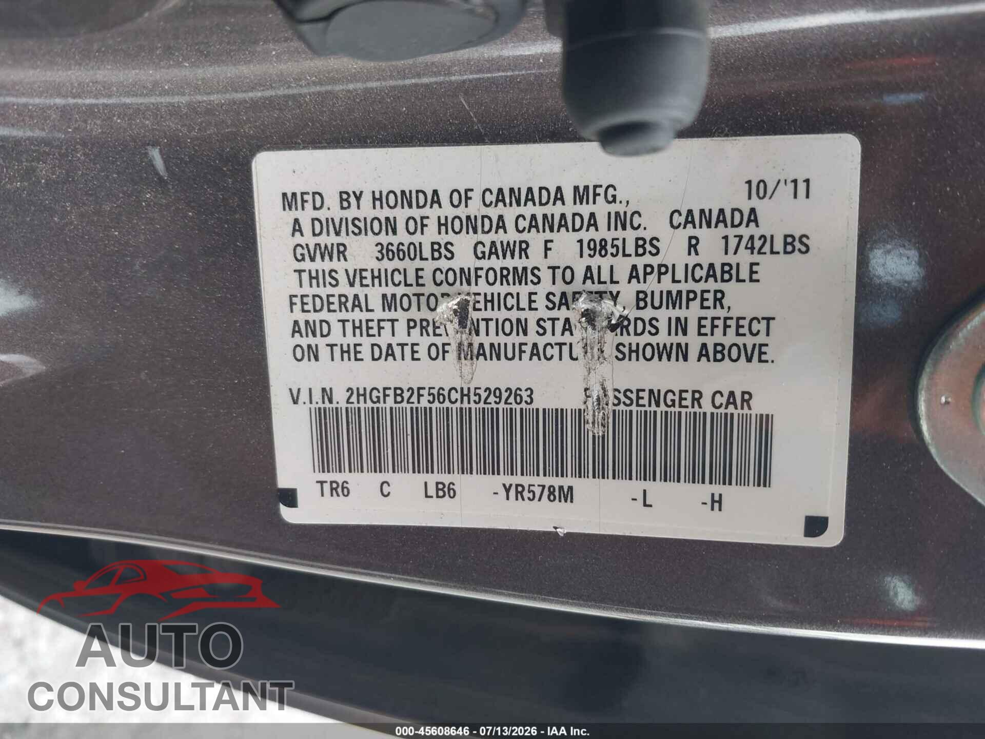 HONDA CIVIC 2012 - 2HGFB2F56CH529263