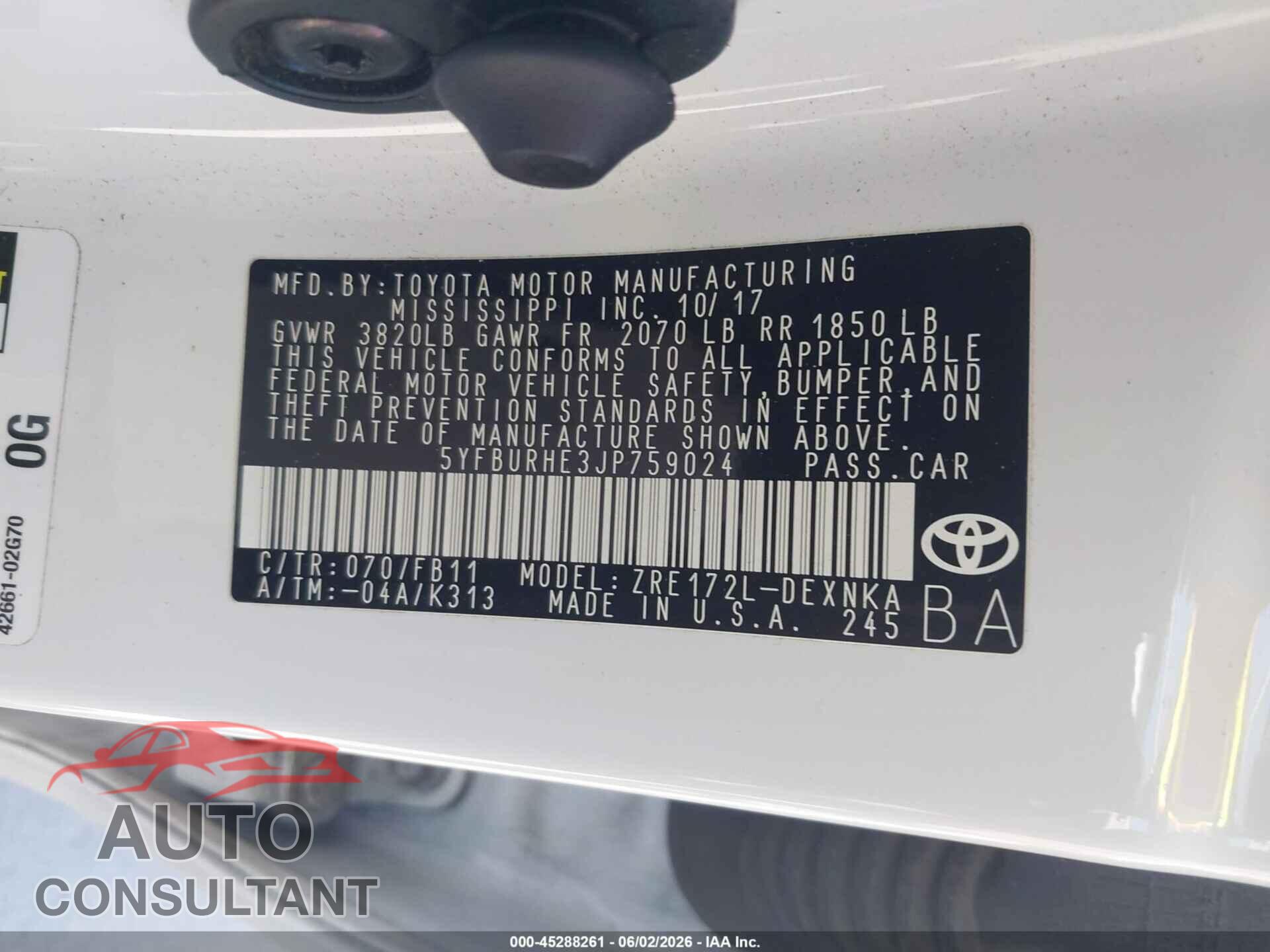 TOYOTA COROLLA 2018 - 5YFBURHE3JP759024