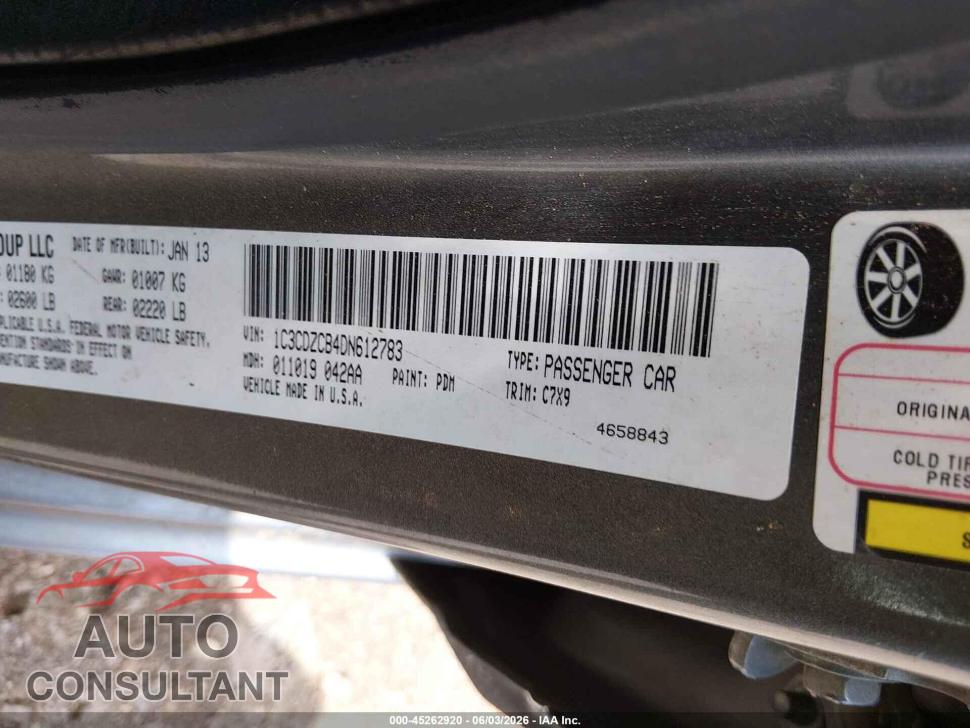 DODGE AVENGER 2013 - 1C3CDZCB4DN612783