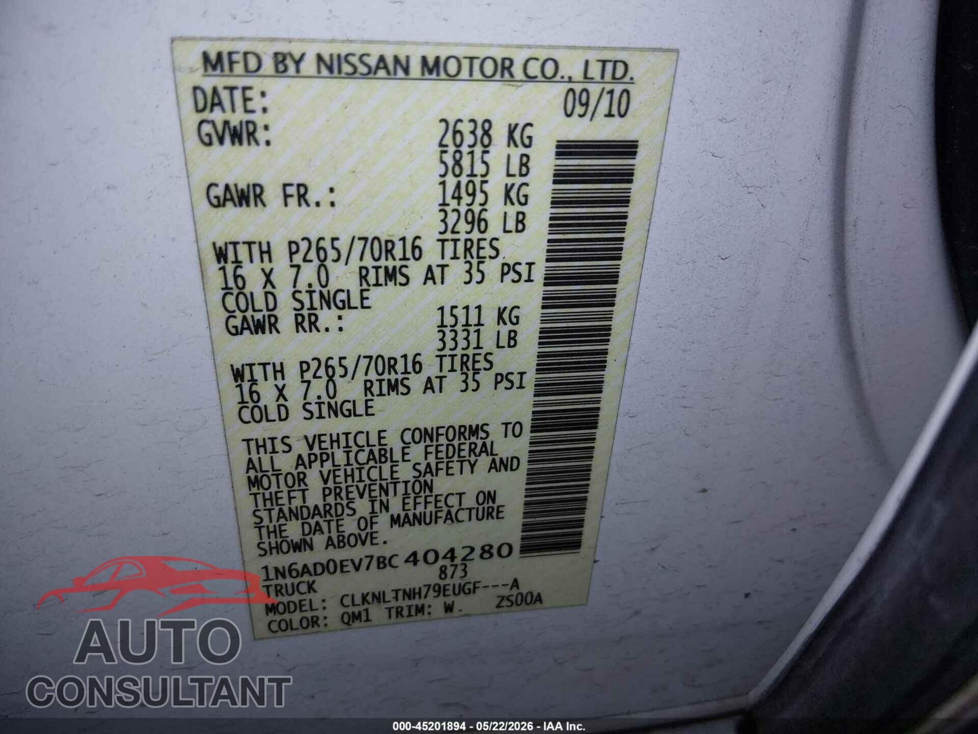 NISSAN FRONTIER 2011 - 1N6AD0EV7BC404280