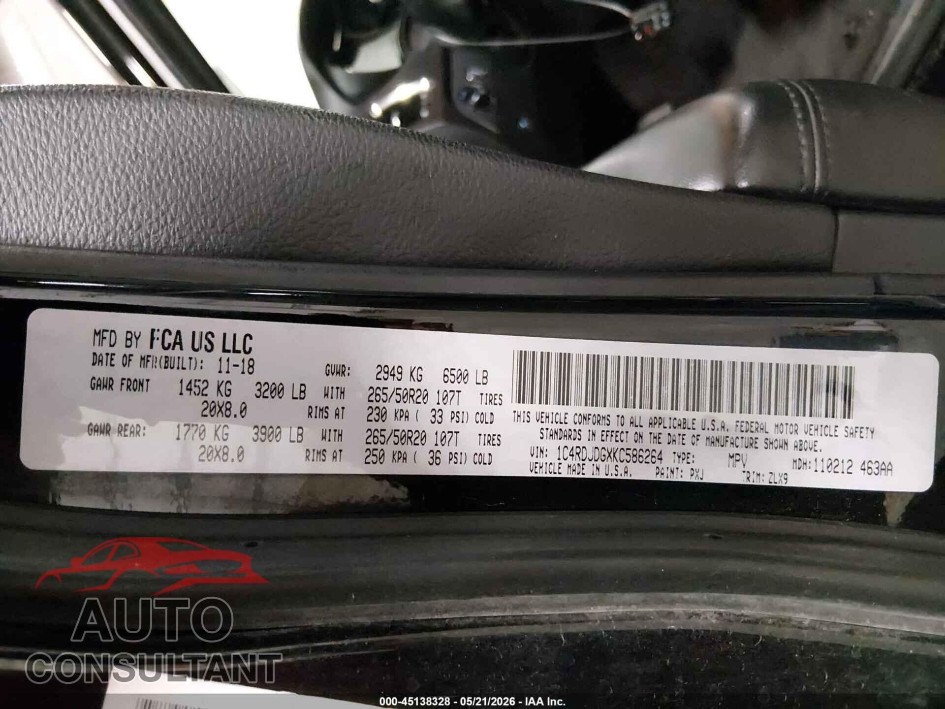 DODGE DURANGO 2019 - 1C4RDJDGXKC586264
