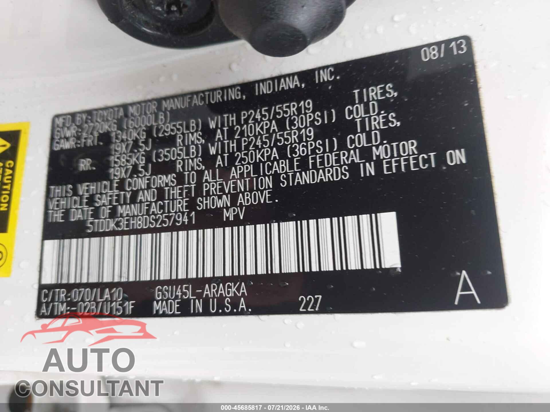 TOYOTA HIGHLANDER 2013 - 5TDDK3EH8DS257941