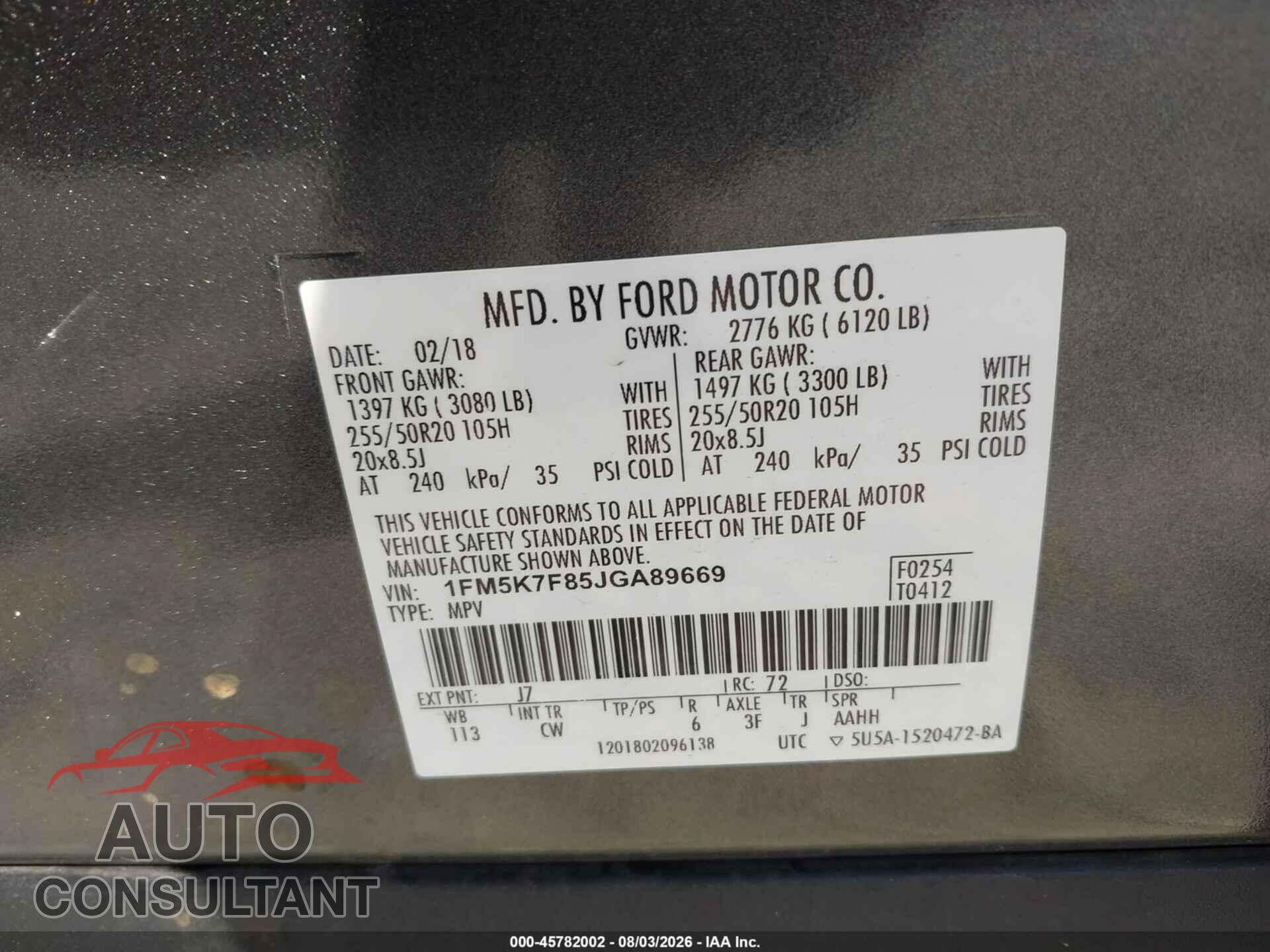 FORD EXPLORER 2018 - 1FM5K7F85JGA89669