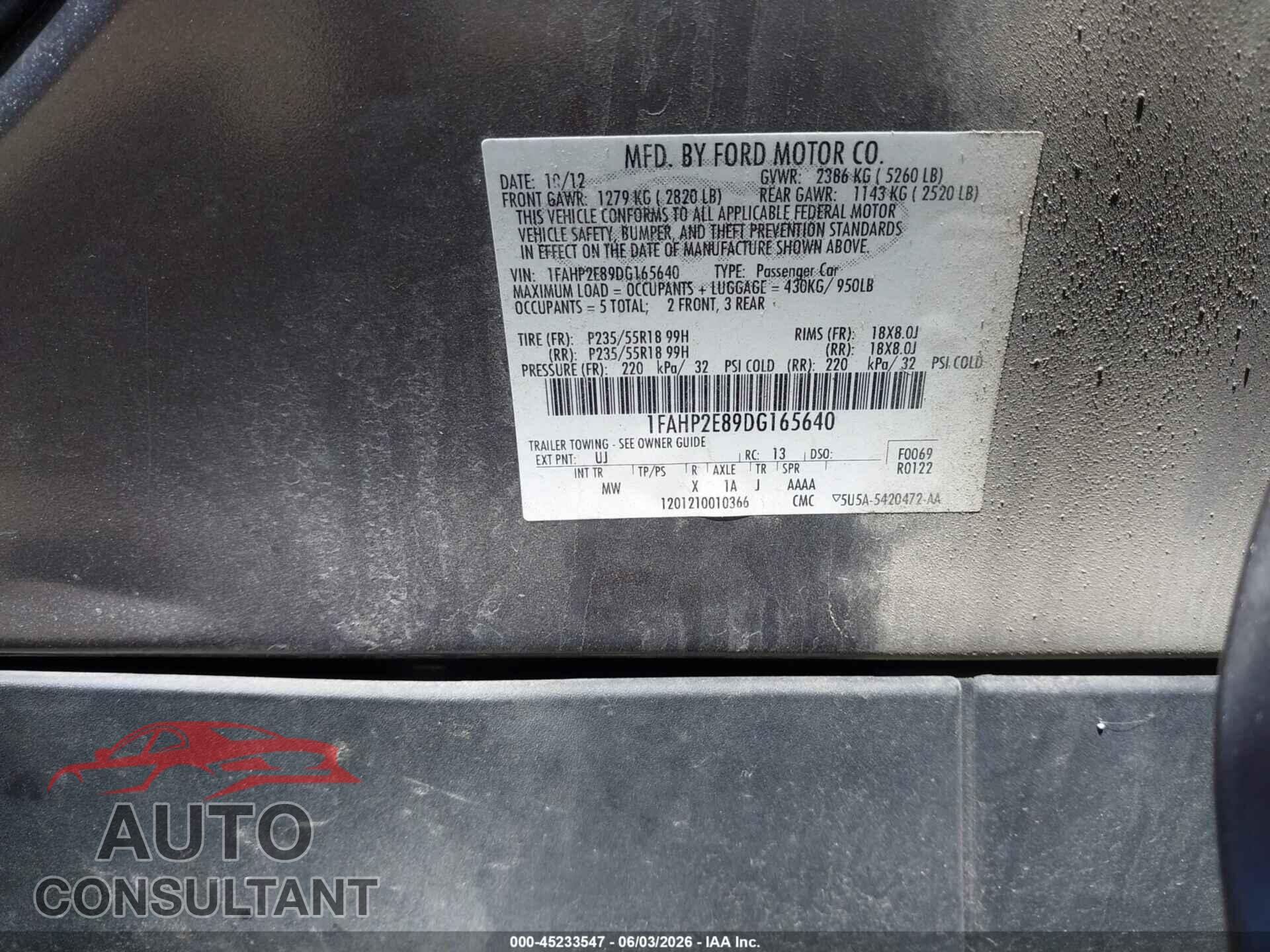FORD TAURUS 2013 - 1FAHP2E89DG165640