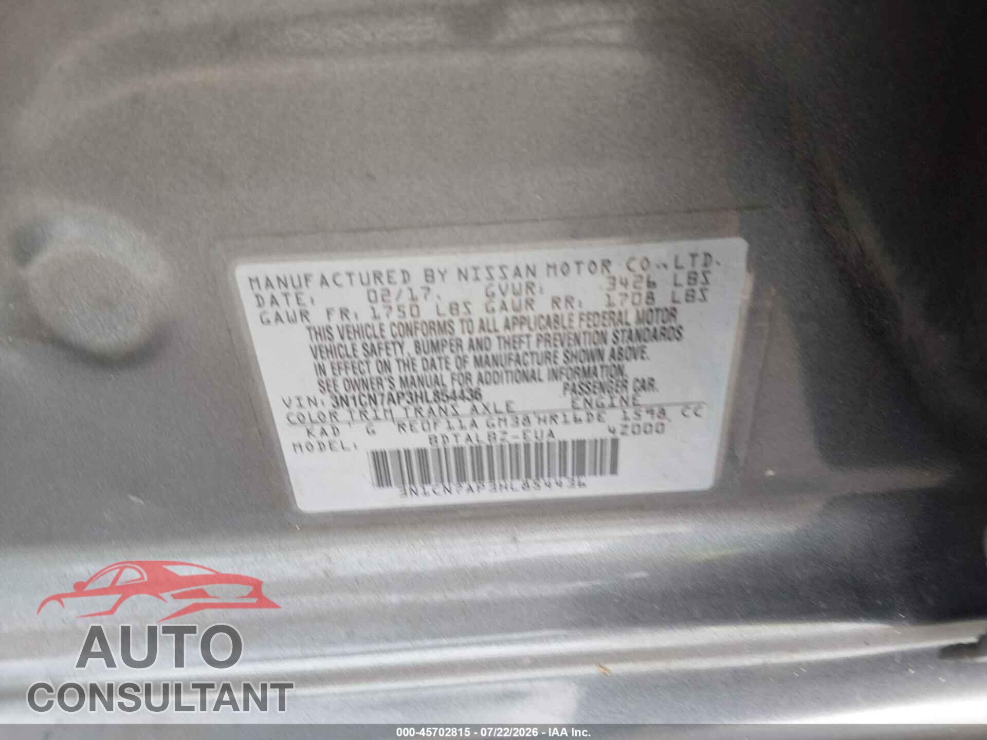 NISSAN VERSA 2017 - 3N1CN7AP3HL854436