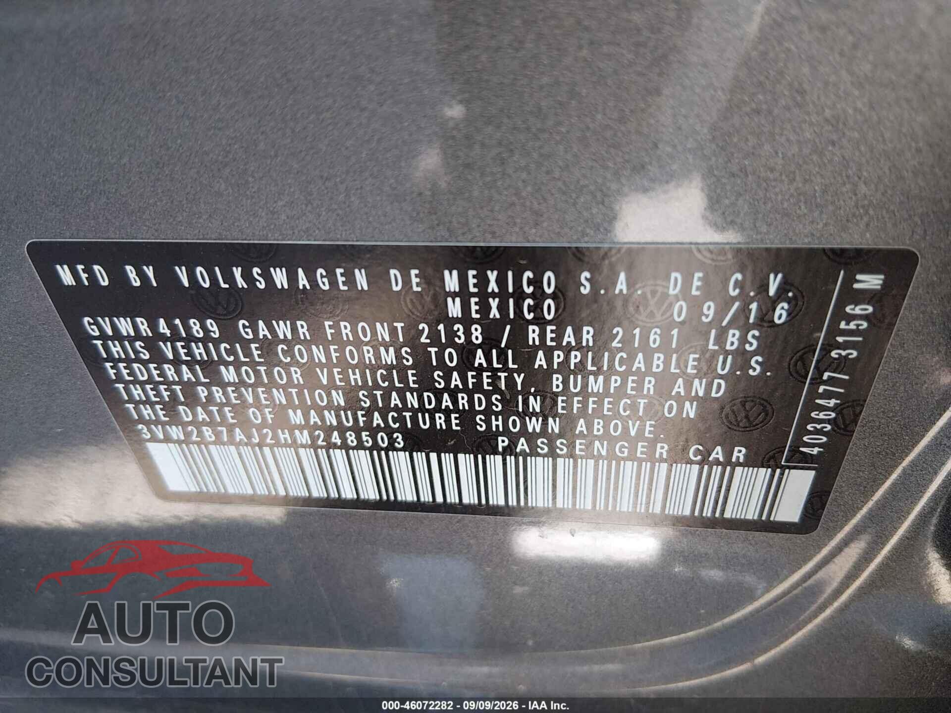 VOLKSWAGEN JETTA 2017 - 3VW2B7AJ2HM248503