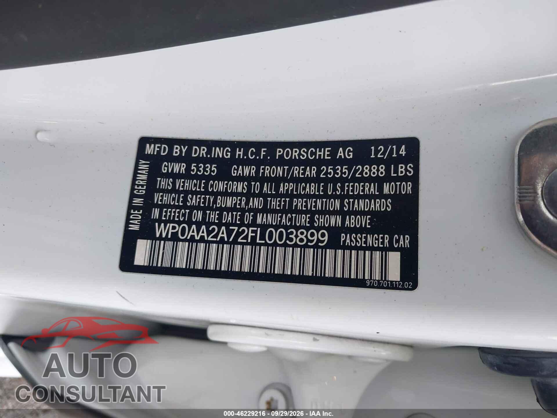 PORSCHE PANAMERA 2015 - WP0AA2A72FL003899