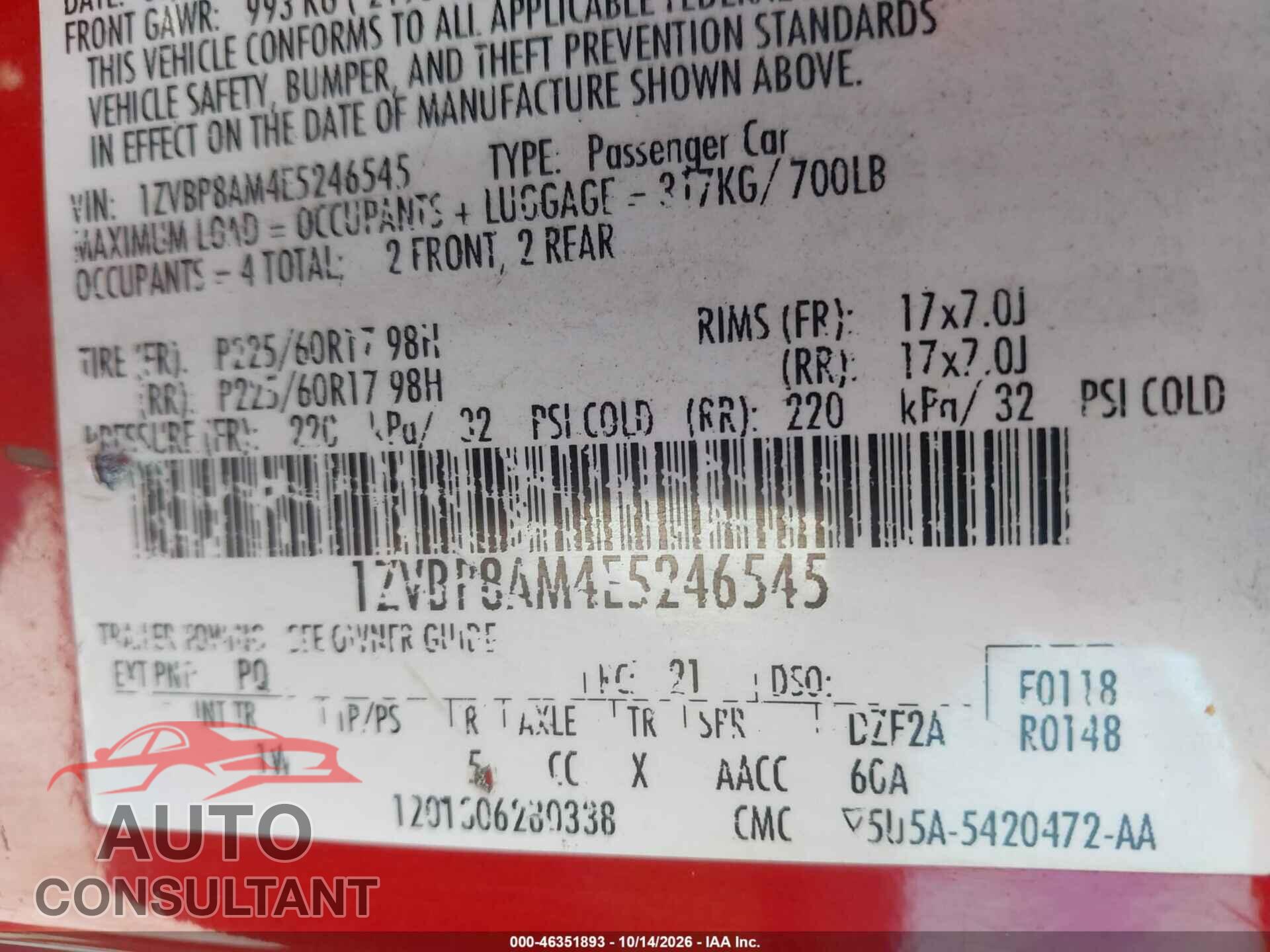 FORD MUSTANG 2014 - 1ZVBP8AM4E5246545