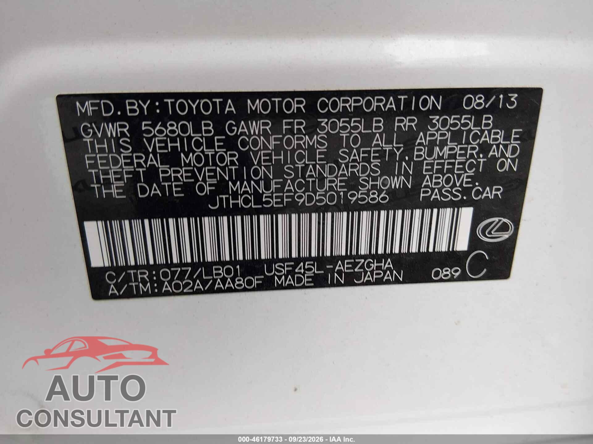 LEXUS LS 460 2013 - JTHCL5EF9D5019586