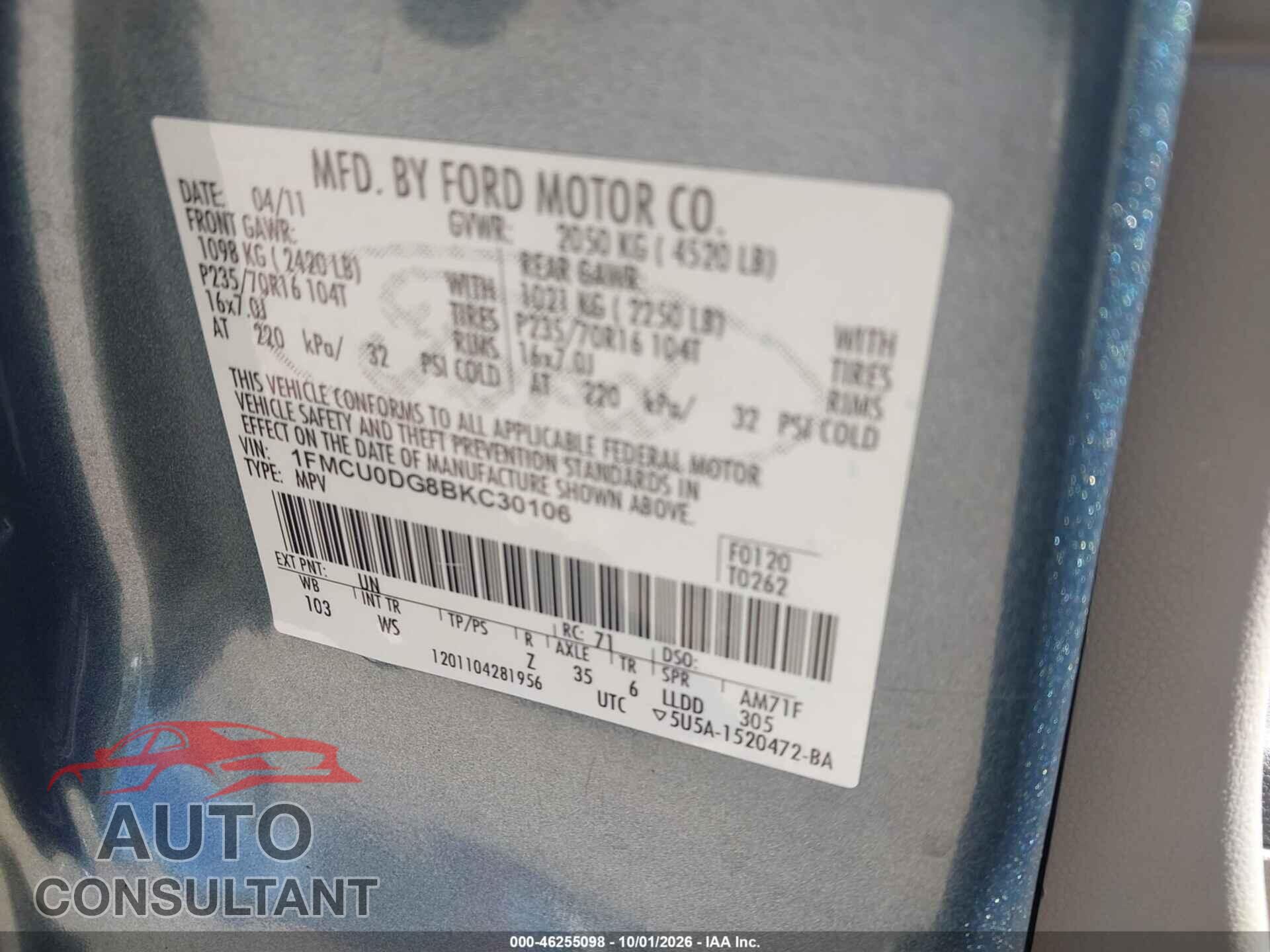 FORD ESCAPE 2011 - 1FMCU0DG8BKC30106