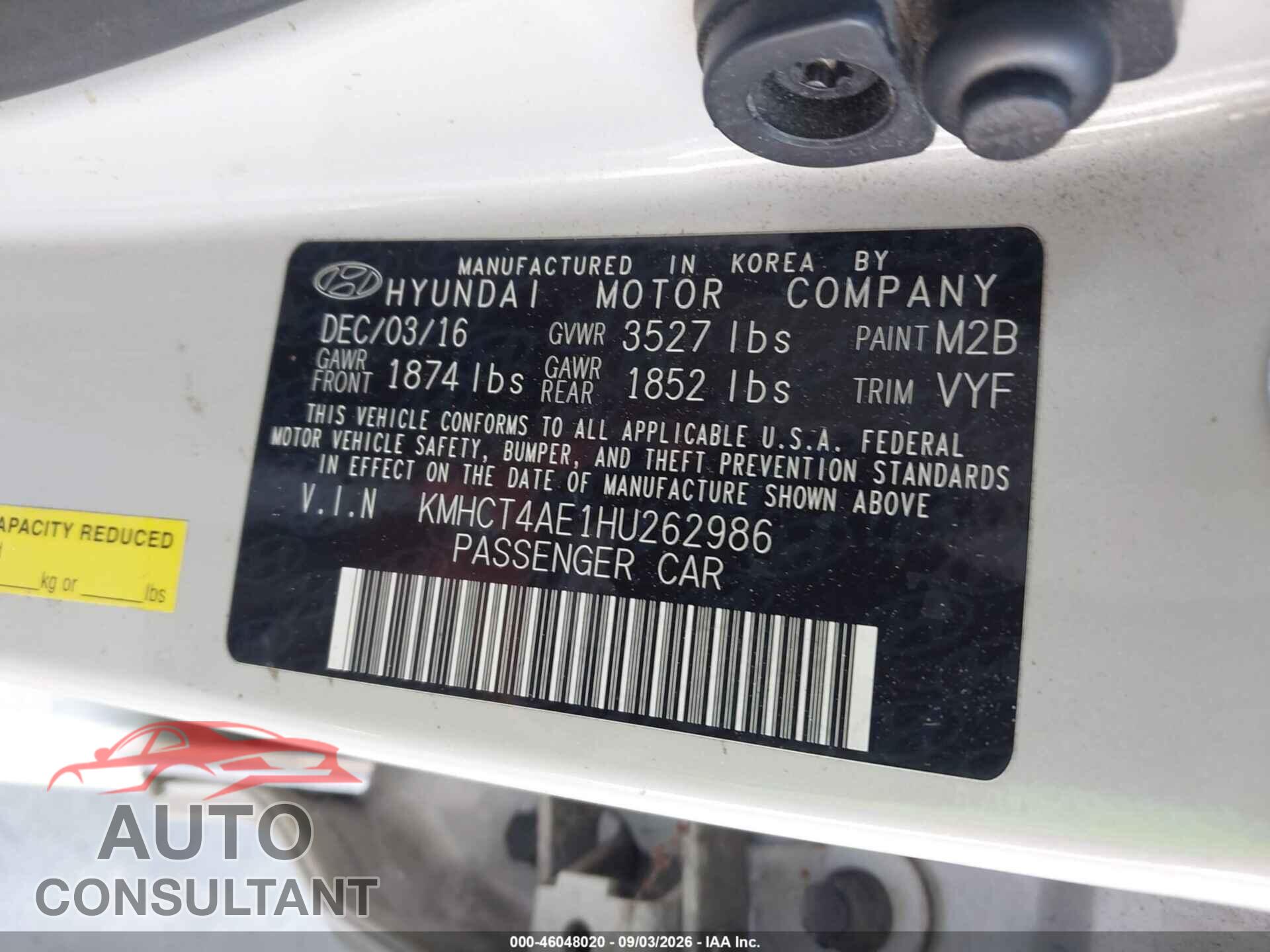 HYUNDAI ACCENT 2017 - KMHCT4AE1HU262986