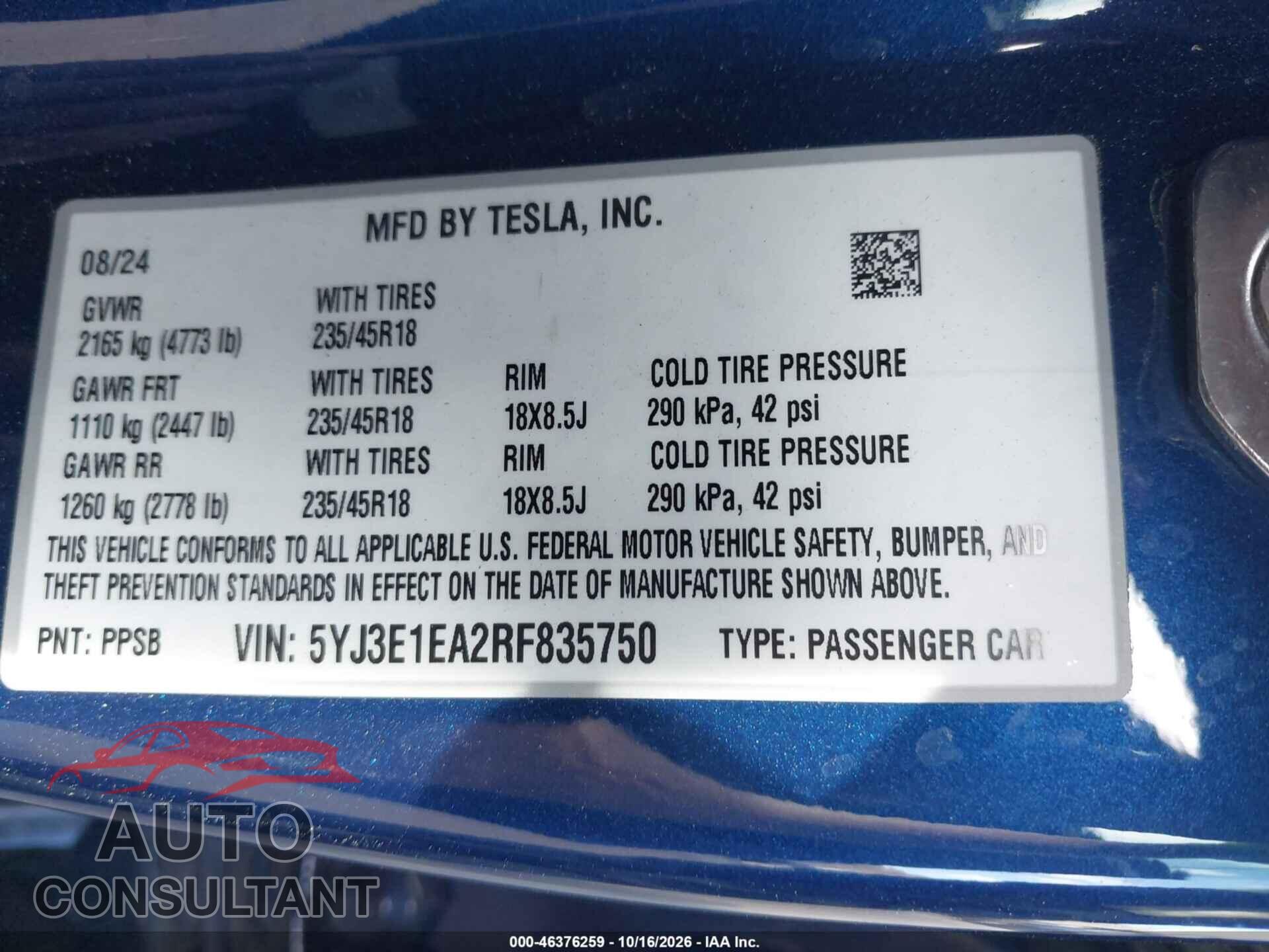 TESLA MODEL 3 2024 - 5YJ3E1EA2RF835750