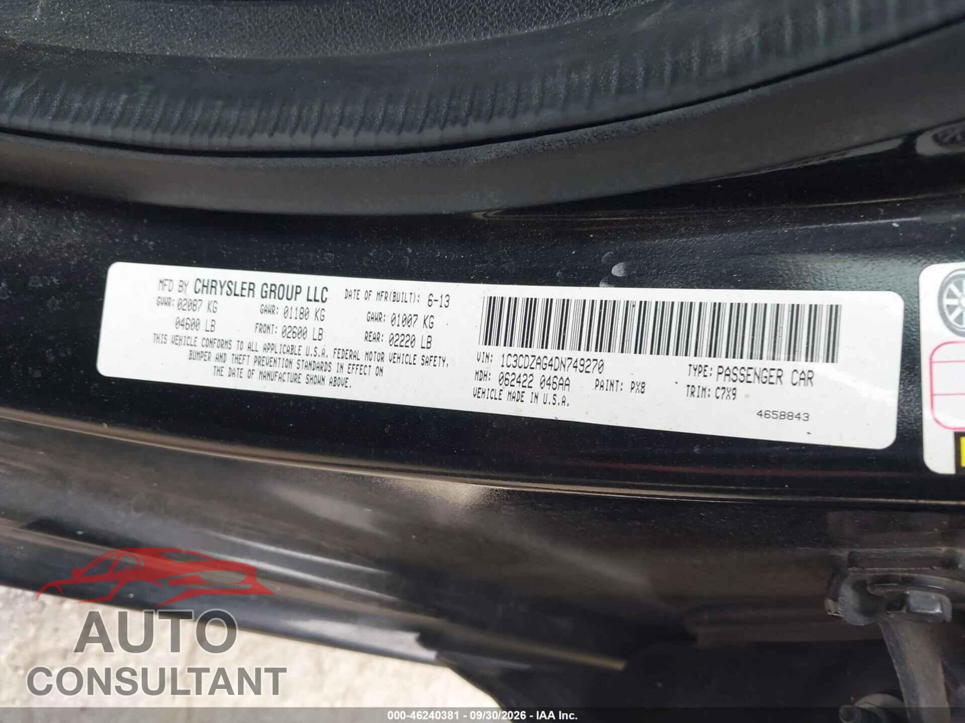 DODGE AVENGER 2013 - 1C3CDZAG4DN749270