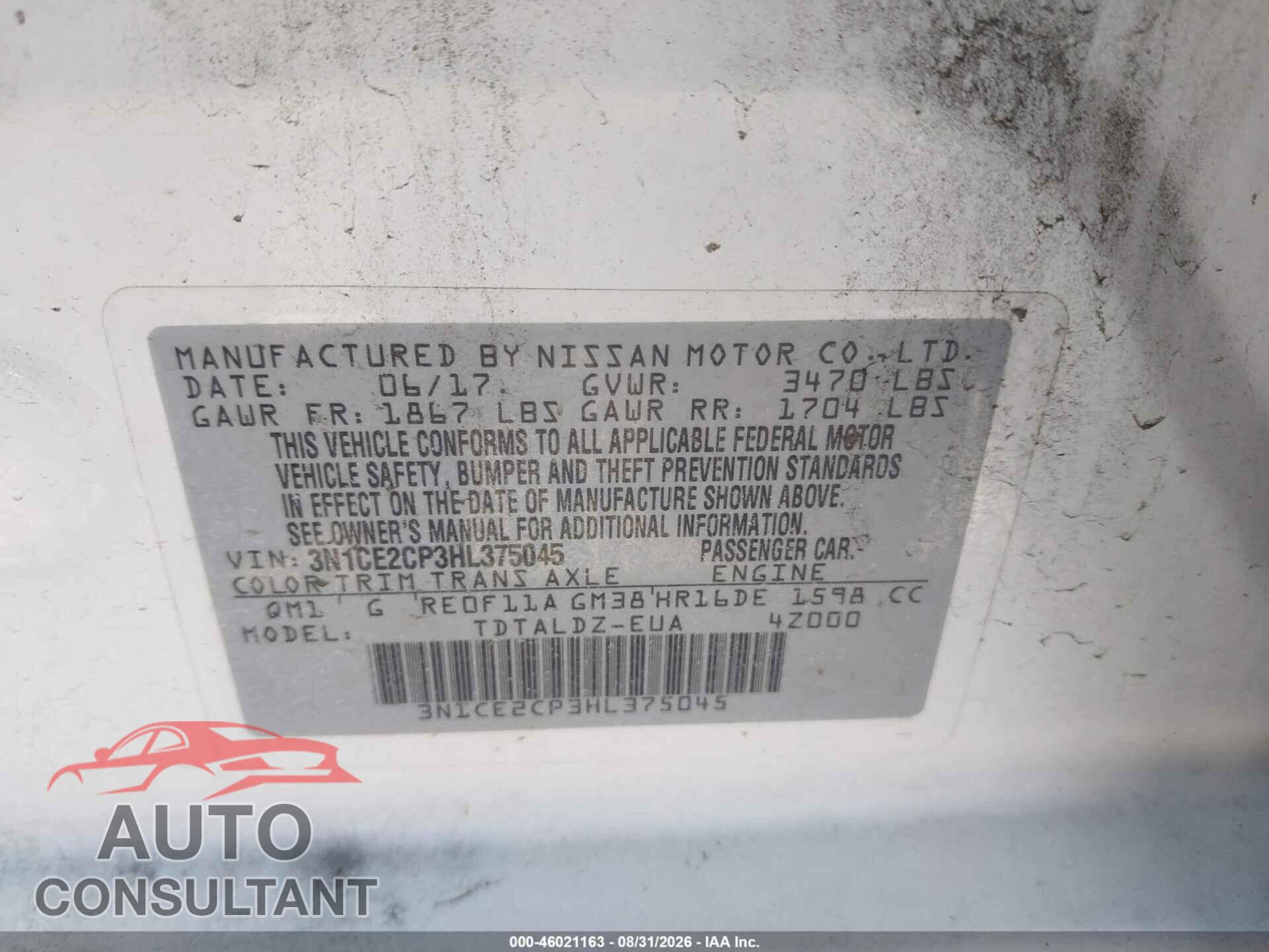NISSAN VERSA NOTE 2017 - 3N1CE2CP3HL375045