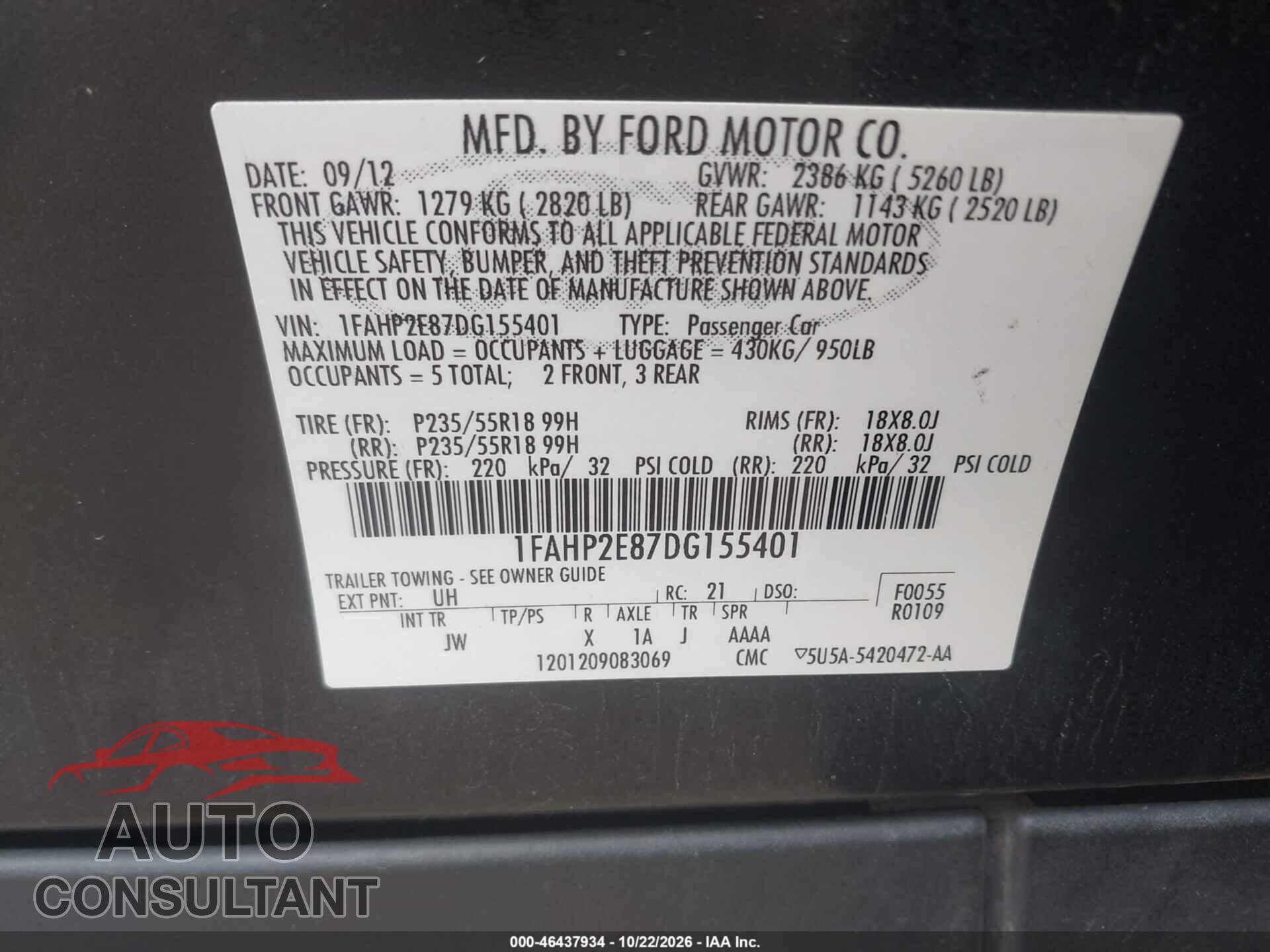 FORD TAURUS 2013 - 1FAHP2E87DG155401